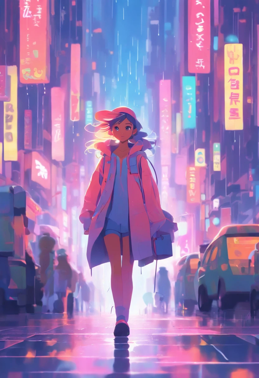 illustration of a woman walking through a city with various objects, editorial illustration pastelcolor, in style of james gilleard, illustration style, james gilleard artwork, flat illustration, in style of digital illustration, magazine illustrations, editorial illustration, digital illustration -, #illustration, magazine illustration, inspired by James Gilleard, modern illustration, illustration | rutkowski, stylized digital illustration, a little bit rain