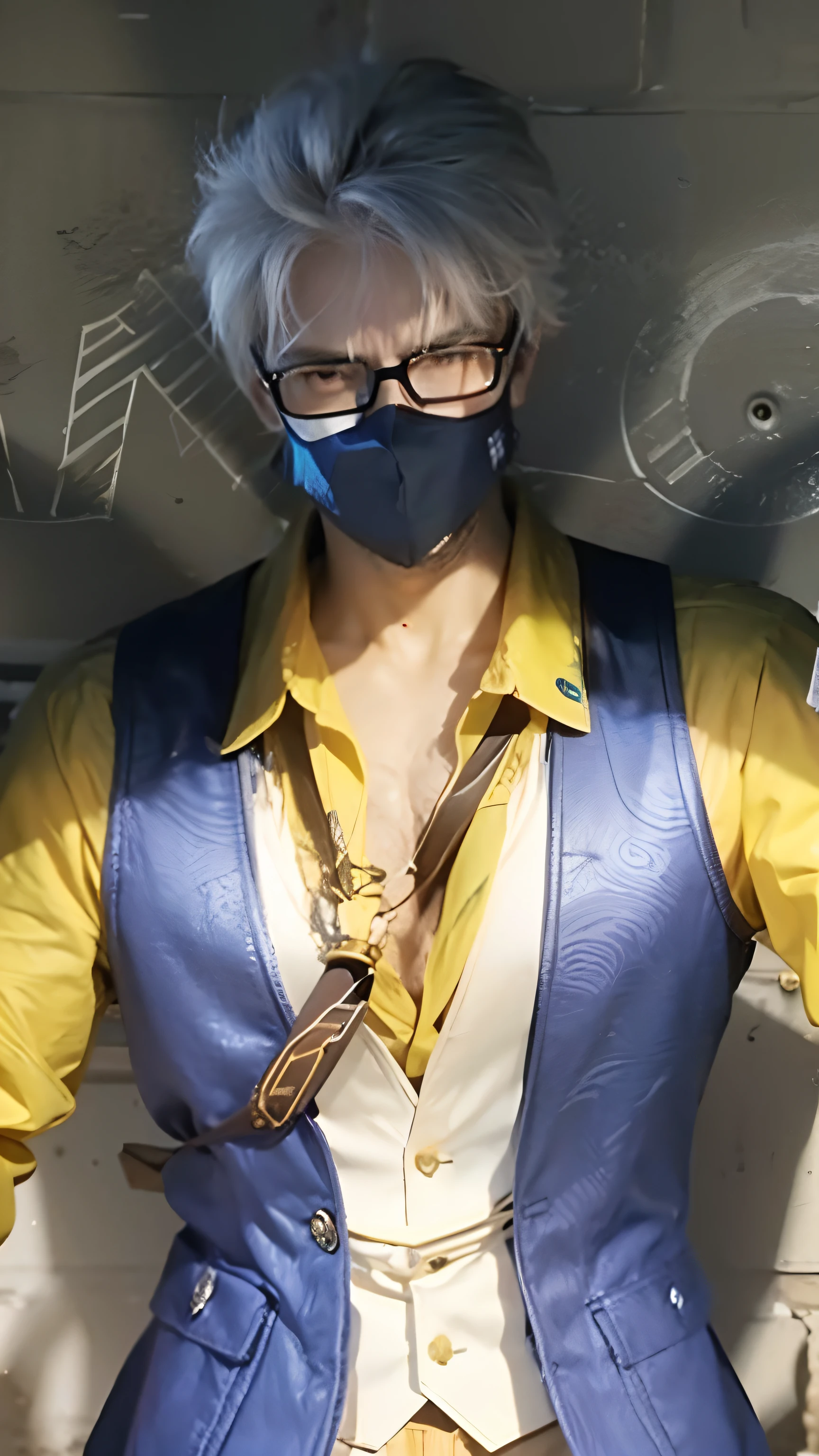 8K, ultra realistic, sky background, 1 man, white eyes, gentleman, adult man, ninja masker, black glasses , detailed yellow light eyes