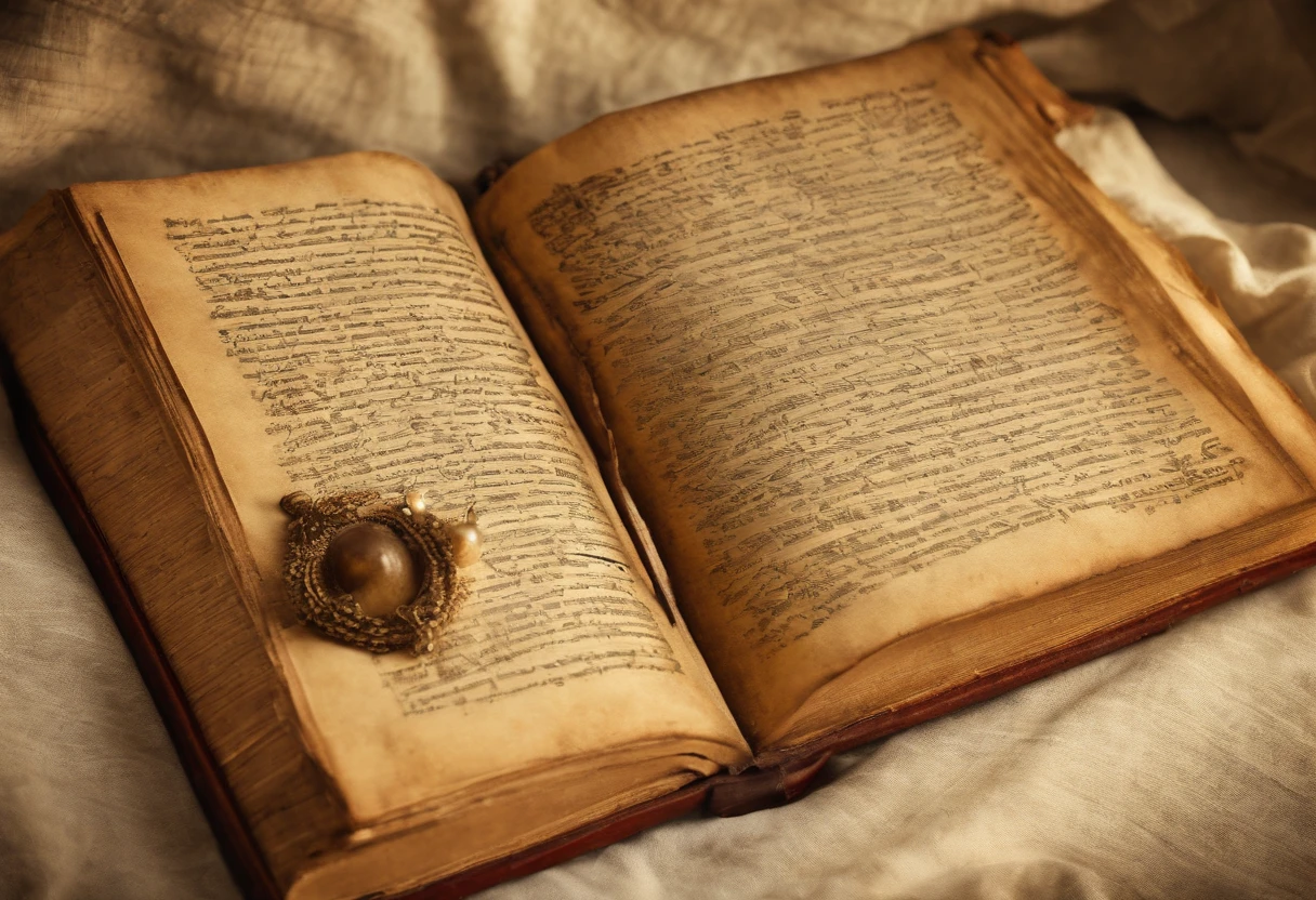 holy bible,illustration,papyrus texture,sacred book,ancient manuscript,antique pages,scrolled pages,detailed cover design,golden letters,religious artifacts,old and worn-out appearance,aged paper,(best quality,4k,8k,highres,masterpiece:1.2),ultra-detailed,realistic:1.37,parchment-like material,sepia tones,soft candlelight,spiritual aura,divine illumination