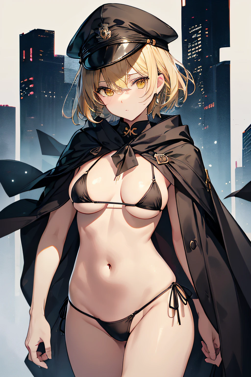 top-quality、extremely delicate and beautiful、femele、Wearing a black cloak。Colossal tits、Black Bikini Bra、Yellow military cap、Thunder properties、a blond、short-haired、Yellow eyes、Navel、((Lower body is yellow micro bikini))、Belt at waist、is standing、full-body view