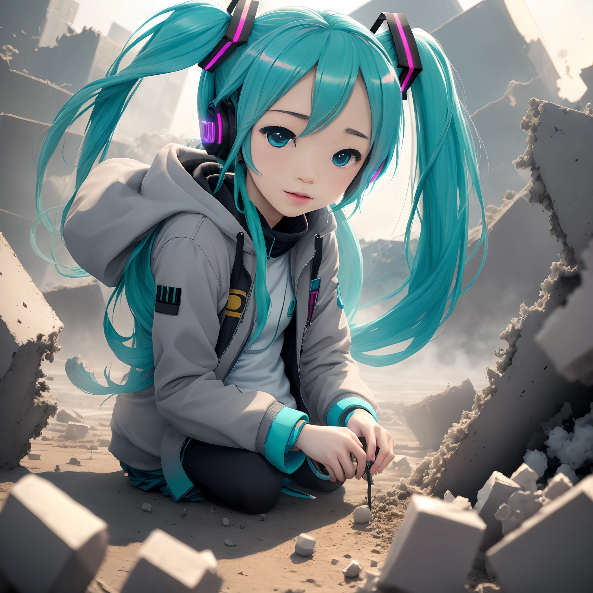 Hatsune Miku watching the destruction of the world