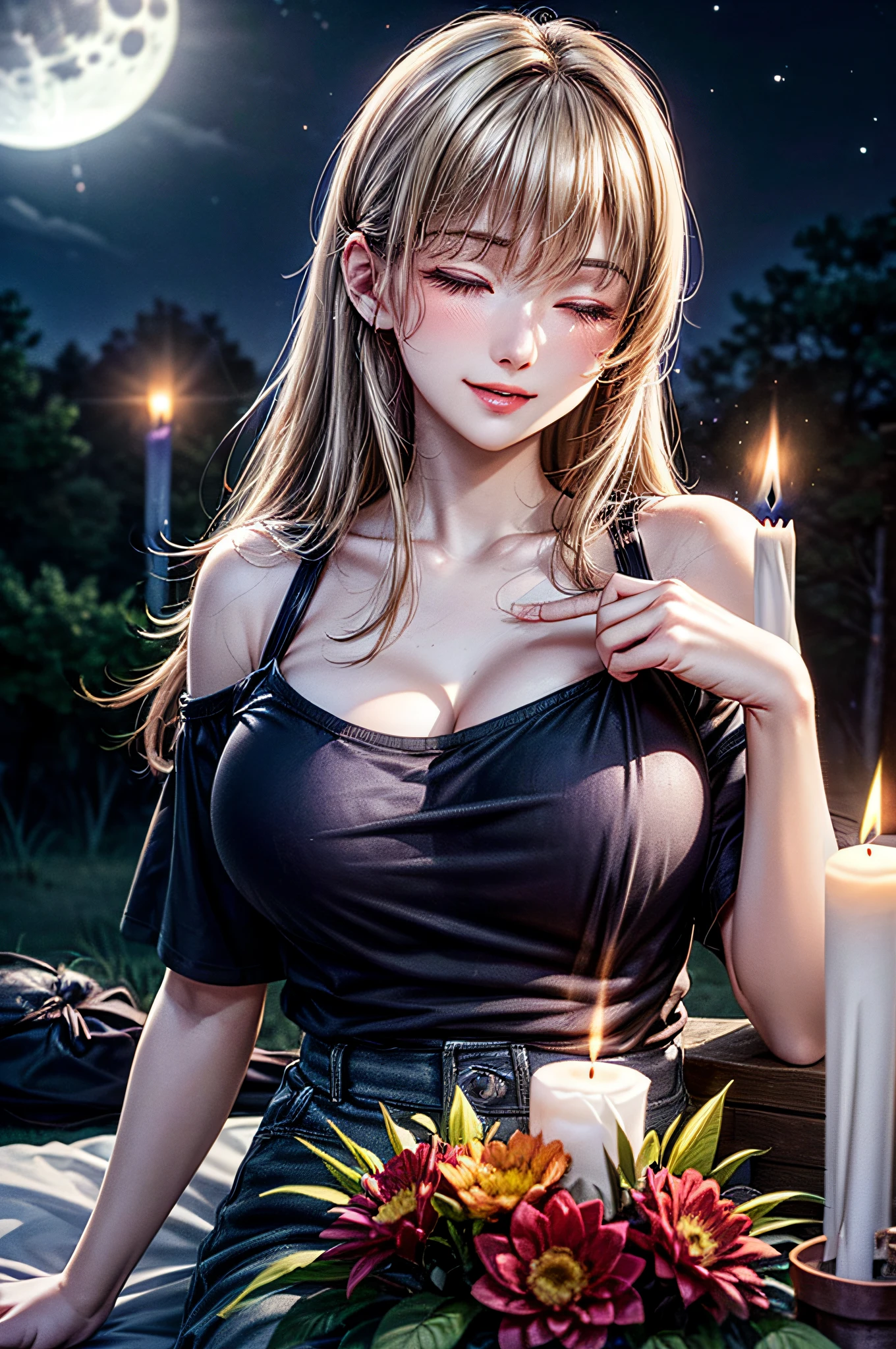 1girl, perfect anatomy, perfect hands, perfect face, perfect eyes, smiling and taking a selfie, in a graveyard, at night, with full moon, surrounded by zombies