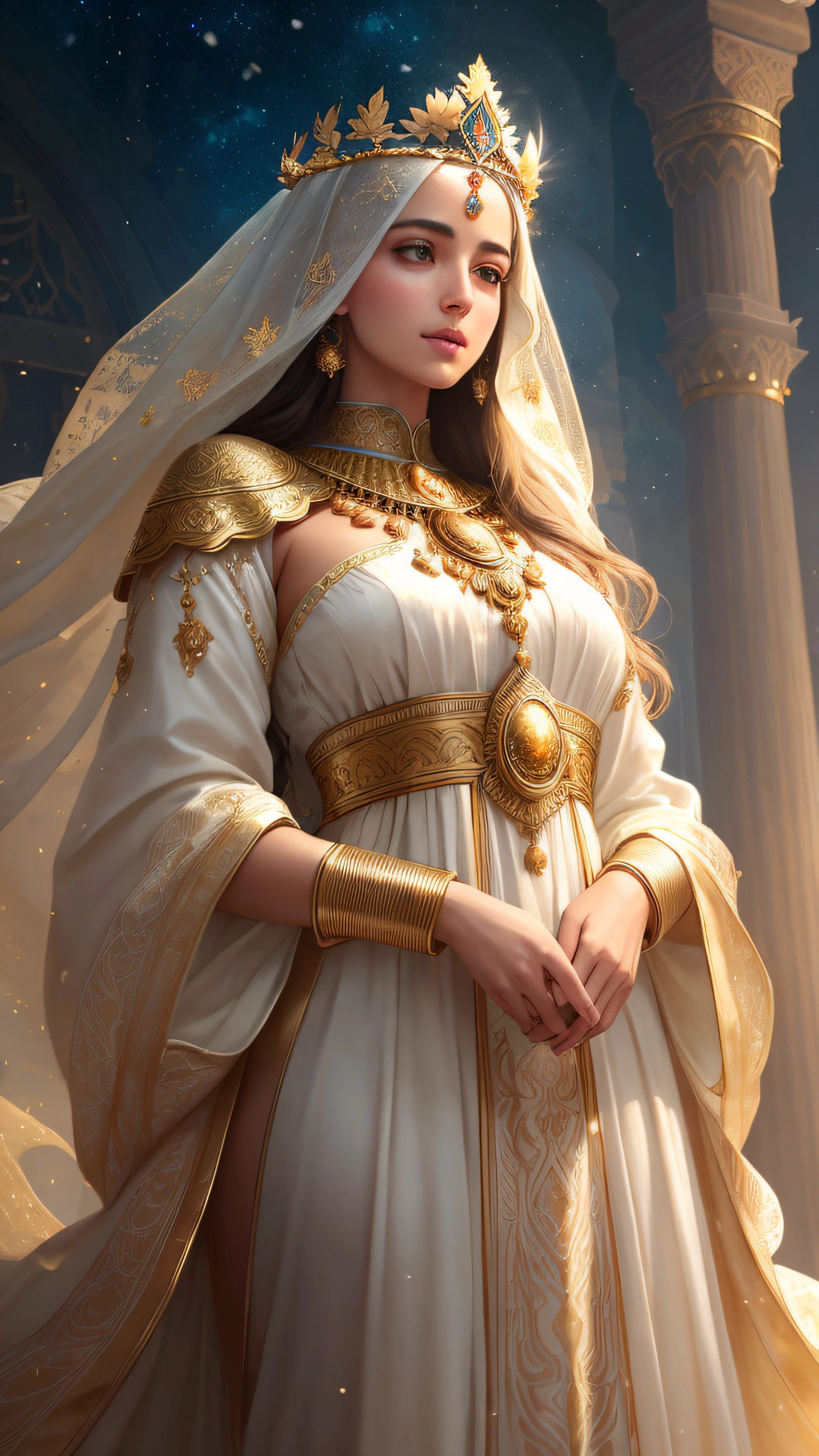 Soft and dreamy 8mm lens portrait of an Arabic dev brama of a universe adorned with a natural crown of gold and leaves and masses, ethereal dress. Soft snow sky. Using 8K High Definition. Art styles Greg Rutkowski , Android Jones , Tamsyn. Intricate dynamic lighting, elegant and highly detailed ultra-realistic, cinematic and octane rendering