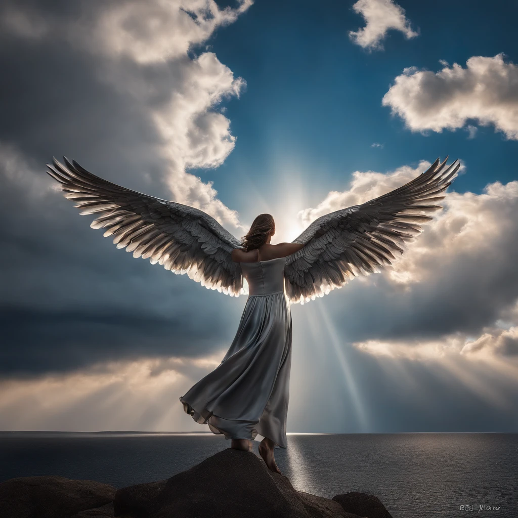 Create for me a chrome angel with wings falling from the heavens , rico em detalhes, sombras realistas, reflexos da pele cromada realistas, Sky in the background with some well detailed clouds, in 4k resolution, HDR, image captured by a Cannon camera