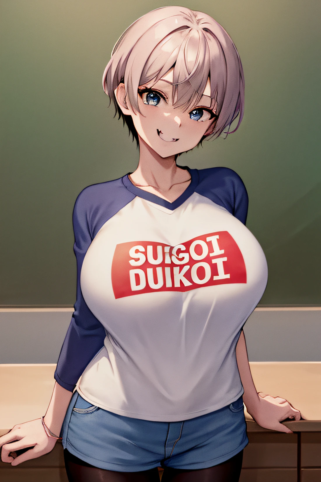 masterpiece, best quality, highres, uh1, shirt, raglan sleeves, romaji text, clothes writing, collarbone, long sleeves, denim shorts, pantyhose, fang, cowboy shot, standing, smile, LOOK A BIG DICK