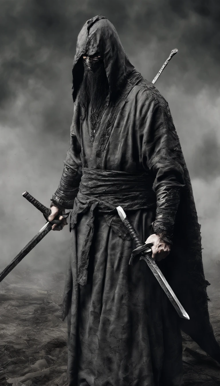 middle aged man, Evil painting style, A high resolution, Black color hair, Half is the body of a demon，Chinese Warrior,  sbeard, Expression of anger, Perfect body proportions, kaftan, Black and white robes,  Handsome, Full body view, standing on your feet, （White background：1.3）, swordsman, He held a long sword that was wide and heavy in his hand, Face the lens, （Blackn clothes：0.8）, High detail, Masterpiece, ccurate, Anatomically correct, Textured skin