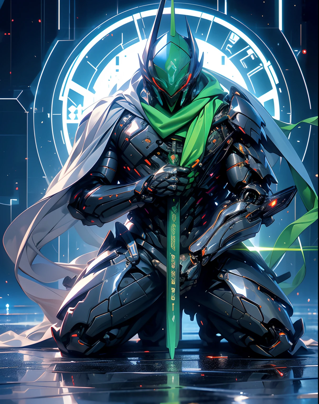 realistic,shiny,reflective,bioluminic, galactic cybernetic mask,mecha,(assassin:1.2),((((scarf,long cloak)))),sh4g0d,GlowingRunes_red,fullbody,cinemnatic,dark background,backlight,high contrast,