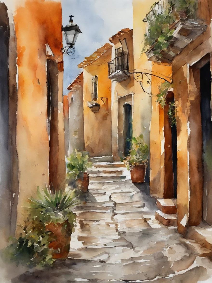 moderno, speed lines, punto de fuga, UHD, Obra maestra, Detalles altos,There's a guanajuato Mexico-style alley in the bustling city,Los cables se intercalan entre las casas a ambos lados,Stone bricks of different sizes are paved along the way,The sides are lined with greenery。It just rained here,Puddles are strewn everywhere,El cielo es gris,Nada,Everything seemed particularly homey