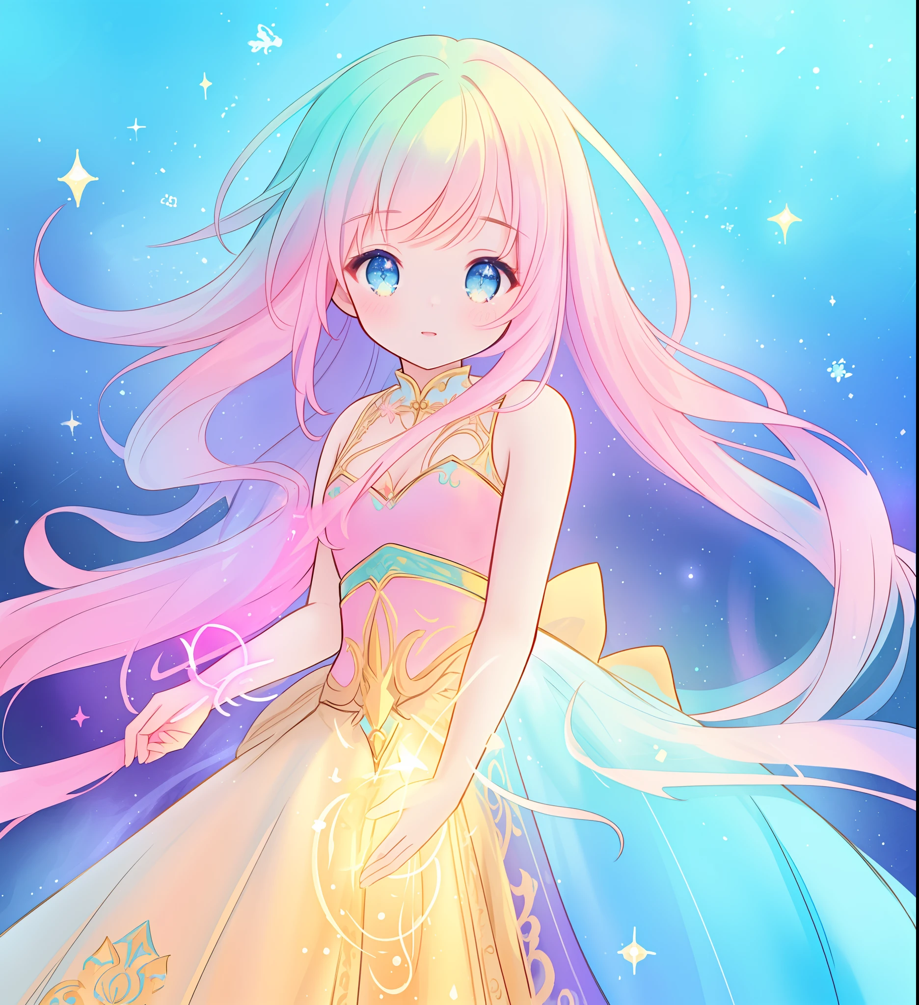 beautiful girl in tiered layered princess ballgown, vibrant pastel colors, (colorful), long flowing colorful hair, magical lights, sparkling magical liquid, inspired by Glen Keane, inspired by Lois van Baarle, disney art style, by Lois van Baarle, glowing aura around her, by Glen Keane, jen bartel, glowing lights! digital painting, flowing glowing hair, glowing flowing hair, beautiful digital illustration, fantasia background, whimsical, magical, fantasy, ((beautiful face)), ((masterpiece, best quality)), intricate details, highly detailed, sharp focus, 8k resolution, sparkling detailed eyes, liquid watercolor
