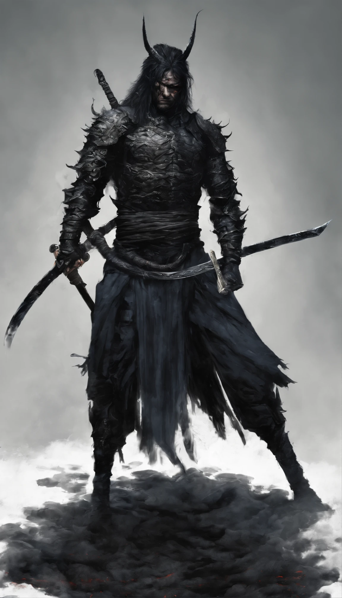 middle aged man, Evil painting style, A high resolution, Black color hair, Half is the body of a demon，Half a demon face, Chinese Warrior, Delicate three-dimensional blue flame demon face, sbeard, Expression of anger, Perfect body proportions, kaftan, Black and white robes, A scabbard hangs from his waist, Handsome, Full body view, standing on your feet, （White background：1.3）, swordsman, He held a long knife that was wide and heavy in his hand, Face the lens, （Blackn clothes：0.8）, High detail, Masterpiece, ccurate, Anatomically correct, Textured skin