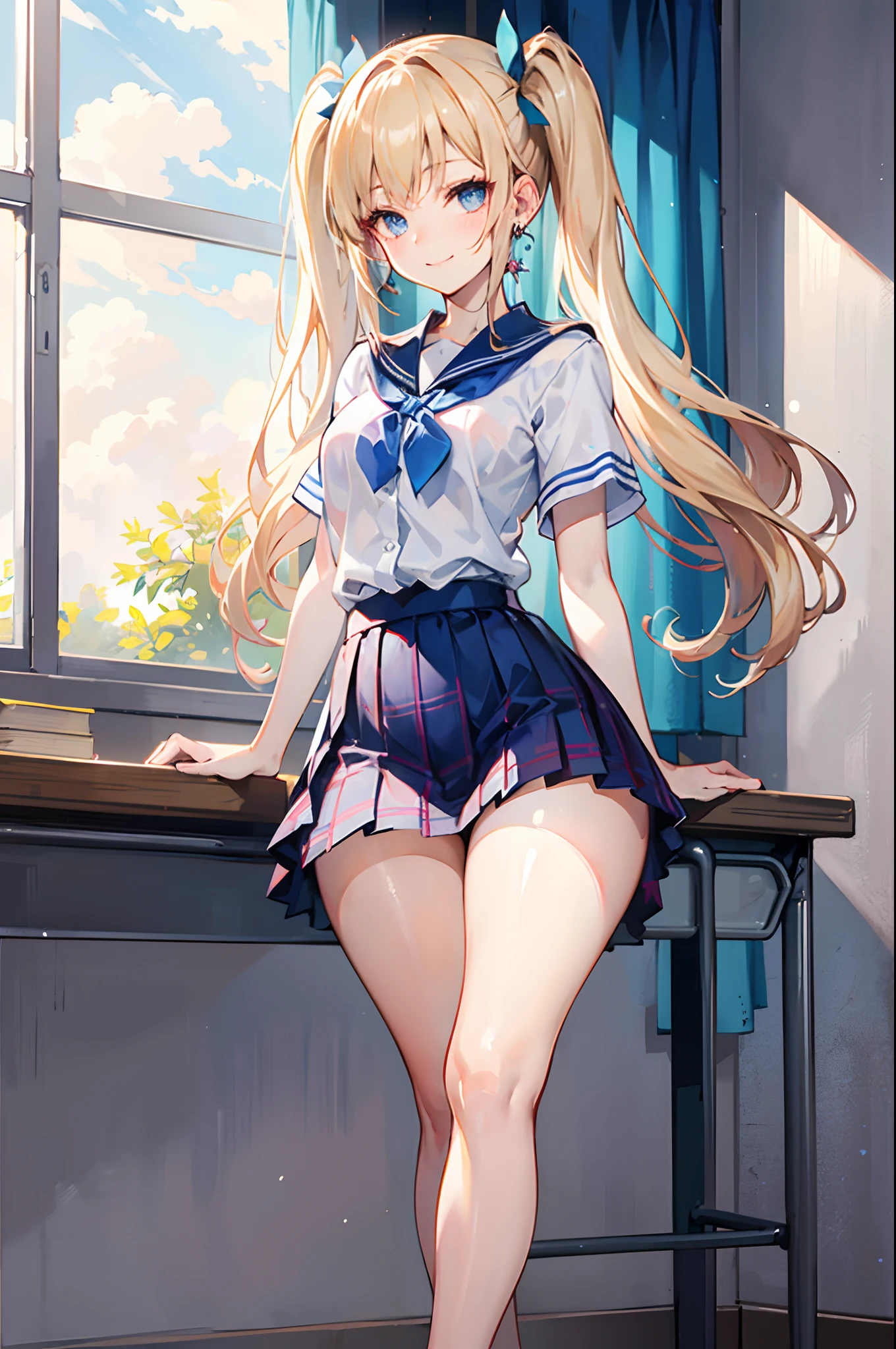 Realistic and detailed image of a girl in a school uniform with pleated plaid mini skirt. She has long wavy blonde hair in pigtails. Blue eyes. She has earrings, long eyelashes. she has small breasts, slim waist, very wide hips and thick thighs. smiling, pleased face. Legs open, panty view. Back arched. She is sitting in a classroom with sun rays at sunset.