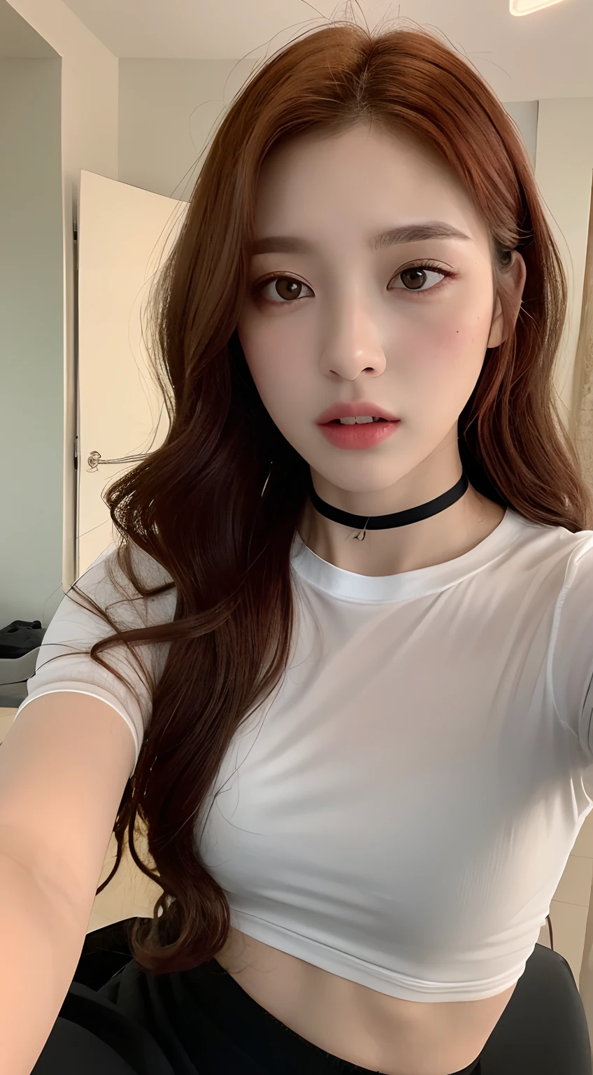 ((Realistic lighting, Best quality, 8K, Masterpiece: 1.3)), Focus: 1.2, 1girl, Perfect beauty: 1.4, Slim Abs: 1.1, ((wavy red hair, small breasts: 1.3)), (black chocker, transparent white shirt: 1.1, Black open crotch socks: 1), (indoor, night: 1.2), thin eyes, Double eyelids, (lying on bes: 1.4), facing the camera, seductive lips open, (half body: 1)