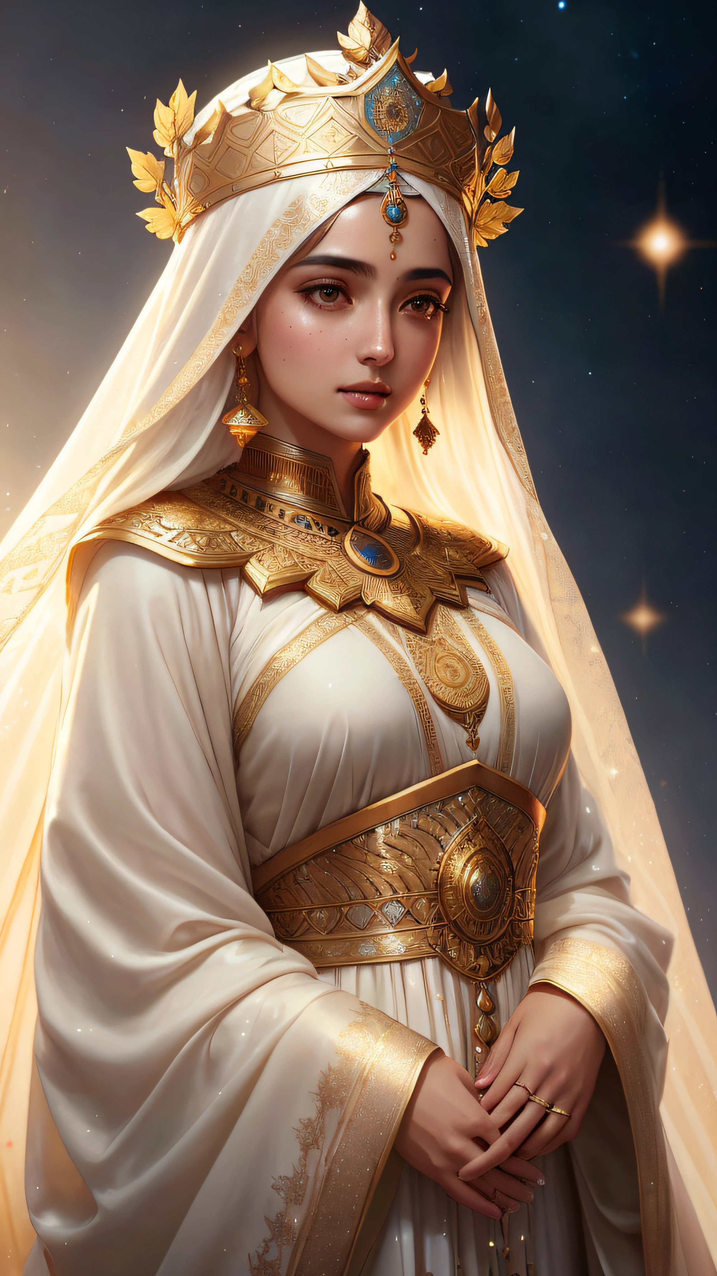 Soft and dreamy 8mm lens portrait of an Arabic dev brama of a universe adorned with a natural crown of gold and leaves and masses, ethereal dress. Soft snow sky. Using 8K High Definition. Art styles Greg Rutkowski , Android Jones , Tamsyn. Intricate dynamic lighting, elegant and highly detailed ultra-realistic, cinematic and octane rendering
