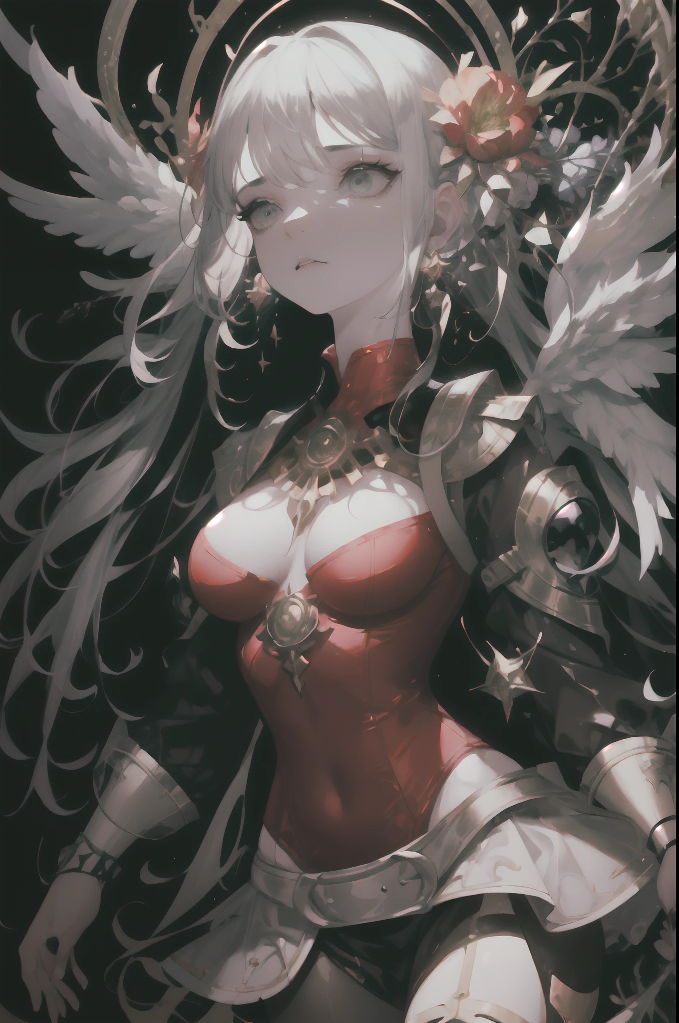 Flower woman, very beautiful, Miss Universe, full-length figure, angelic woman, dark muted colors, red evening dress, light satin fabric, fluffy airy skirt, red leather corset with white belts, chains, exquisite jewelry. Long hair, mixed ethnicity, Asian, European style, African American. Her arms are decorated with bracelets, flowers in her hair, lilies and other unusual floral elements. The image radiates magnetic beauty and attractiveness, VOG cover.
02_Stylization, effect – the painting is made using the oil painting technique. Background – Wide brush – brush strokes, textured, careless virtuoso painting. Author, Titian, Rubens, Velazquez. Contemporary painting. Gloomy, scary, attractive.
03_Background - flowers, very strange flowers, the whole picture, long stems, lush flower buds, dark purple-black, green vegetation. Baudelaire “Flowers of Evil”, Wamphyri, Lady – Patroness of Darkness.
04_High image quality, 4K | Ultra HD | Full HD, cinematic rendering, 3D visualization - a masterpiece, TOP computer graphics ART. Unreal 8K engine, motion capture, dark lighting, strong shading, warm shadows - cool lighting, high detail. (vivid, photorealistic, dramatic, dark, sharp focus, 8K). Highly detailed textures, materials, stone, metal, decomposition of corpses, bones, skulls. (shades of gray, red, black, elements, metallic shine, red fire) Destroyed architecture floating in space - debris, stones, ruins, magical pentagrams, amulets, ornaments, Kabbalistic symbols. Film grains, dust and particles in the air