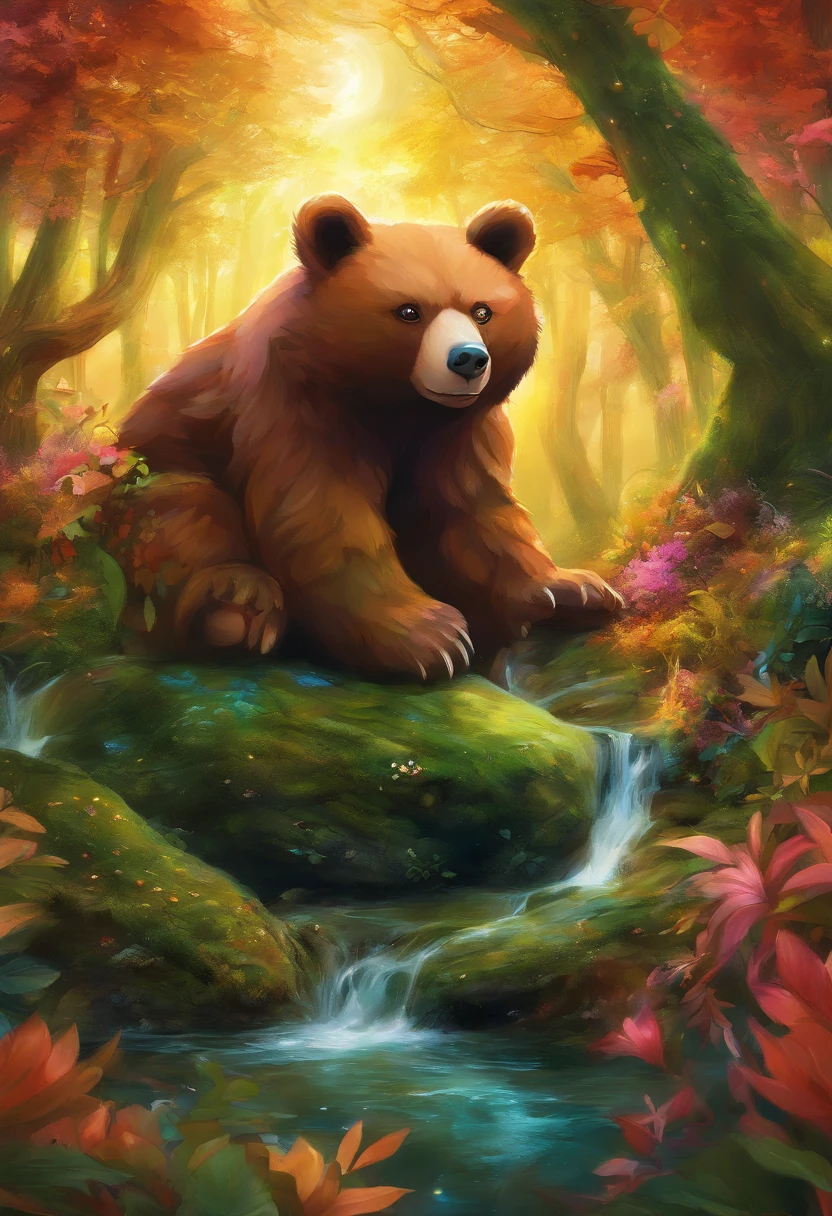 (a unique Pokemon bear), illustration, realism, high resolution, ultra-detailed, vibrant colors, sharp focus on breasts, studio lighting, big breasts, frills, brown fur, sparkling eyes, powerful claws, friendly expression, standing tall on hind legs, lush green forest, sunlight streaming through trees, background of moss-covered rocks.