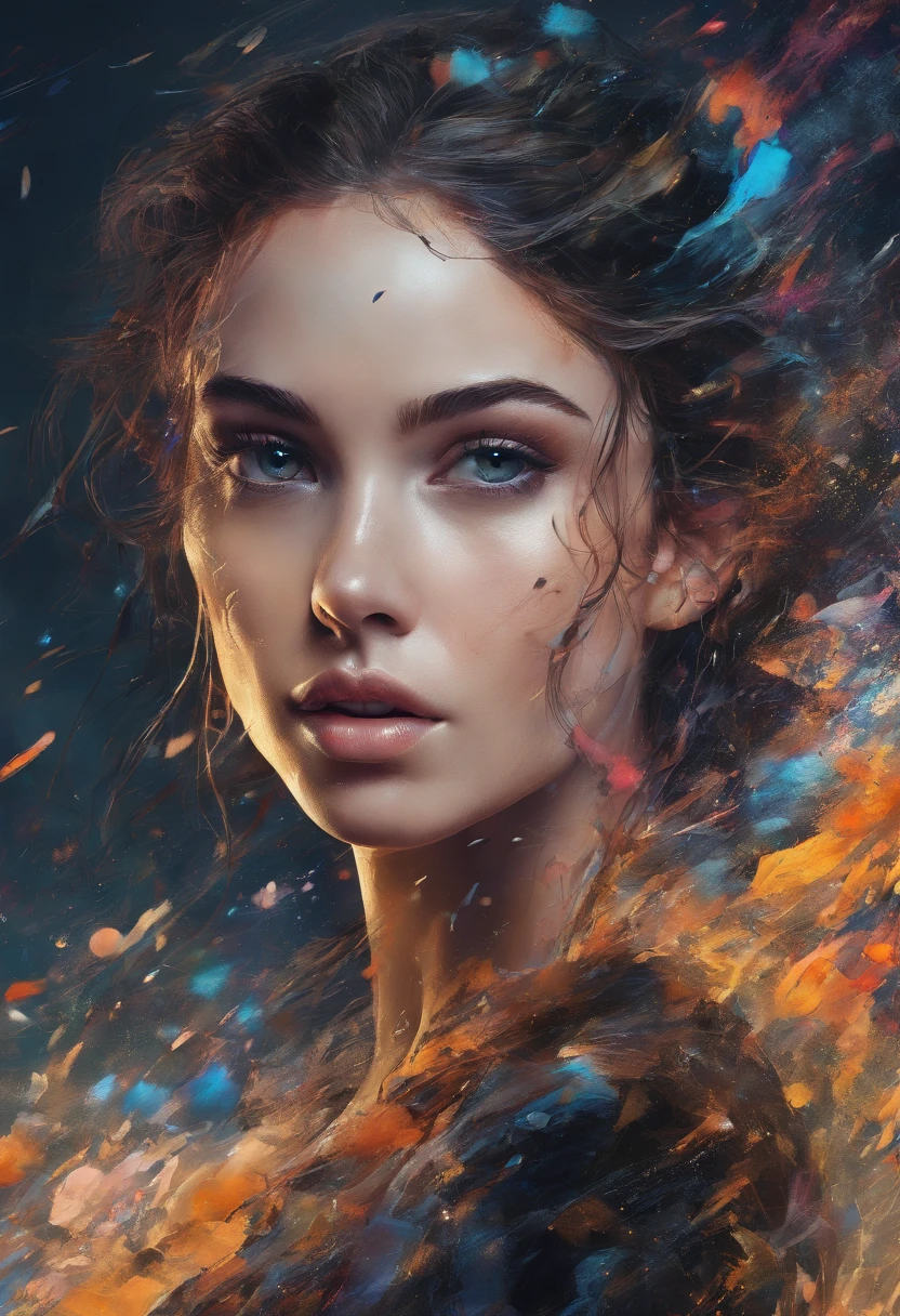 Perfect centralization, Fantastic particles, delight, Standing position, abstract beauty, centre, Looking at the camera, Facing the camera, nearing perfection, Dynamic, highly detailed, Liso, foco nítido, 8K, A high resolution, illustration, art by Carne Griffiths and Wadim Kashin, A background with distinct strokes, Background with the color of fragments, tons vívídos, Ink nebula background, 17 year old girl with sexy appearance, olhos cor de mel, brunette color hair, Long and beautiful, Fantastic short black skirt, The shape of the athletic physique, extremely detaile,Dissipated particles
