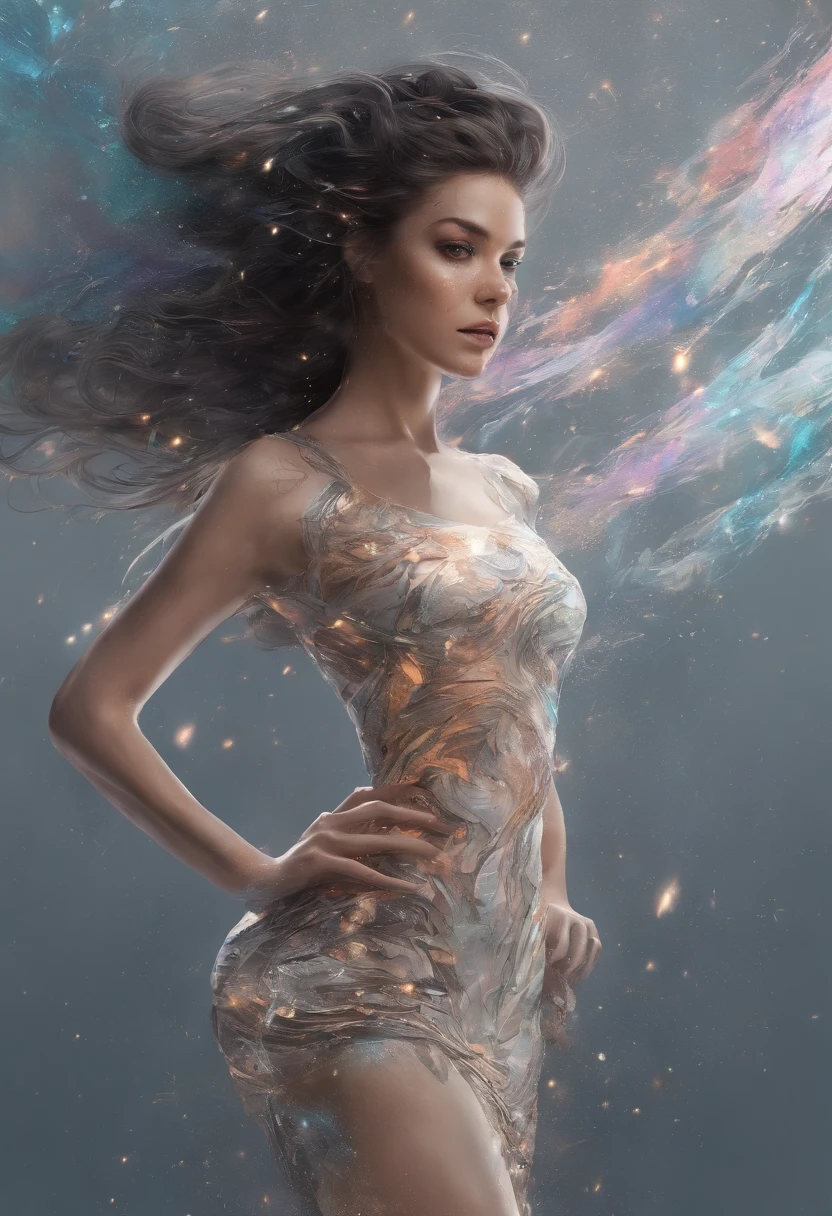 Perfect centralization, Fantastic particles, delight, Standing position, abstract beauty, centre, Looking at the camera, Facing the camera, nearing perfection, Dynamic, highly detailed, Liso, foco nítido, 8K, A high resolution, illustration, art by Carne Griffiths and Wadim Kashin, A background with distinct strokes, Background with the color of fragments, tons vívídos, Ink nebula background, 17 year old girl with sexy appearance, olhos cor de mel, brunette color hair, Long and beautiful, Fantastic short black skirt, The shape of the athletic physique, extremely detaile,Dissipated particles