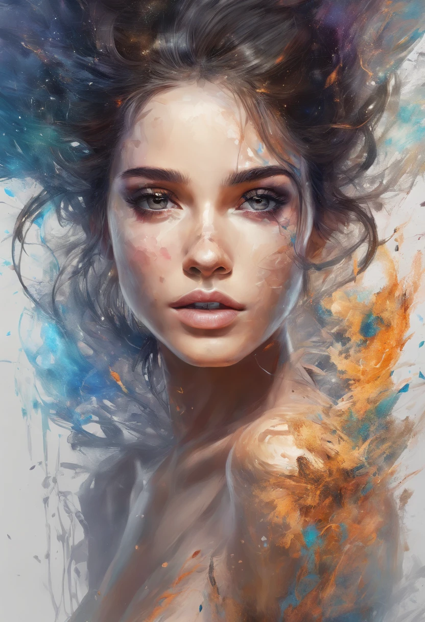 Perfect centralization, Fantastic black goldfish, alegria, Standing position, beleza abstrata, Centrado, looking at the camera, Facing the camera, Approaching perfection, Dynamic, altamente detalhado, liso, foco nítido, 8k, alta resolução, illustration, arte de Carne Griffiths e Wadim Kashin, Personagem Goldfish, fundo com pinceladas aparentes, fundo com cores fragmentadas, tons vívídos, fundo com nebulosas de tinta, Garota de com olhar sexy, fleshy lips, paraguaia, brasileira, olhos cor de mel, cabelos pretos, longos e bonitos, Fantastic black short dress, Athletic physique in shape, extremamente detalhado,