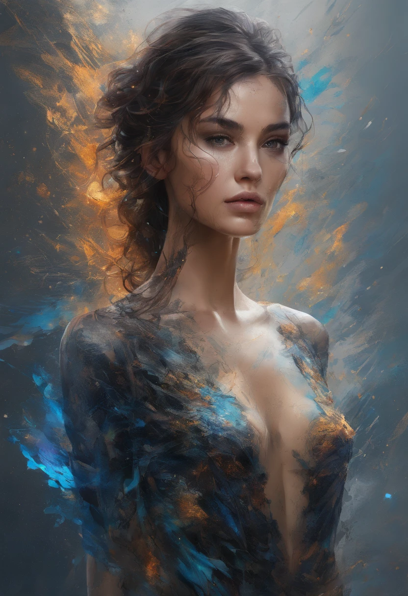 Perfect centralization, Fantastic particles, delight, Standing position, abstract beauty, centre, Looking at the camera, Facing the camera, nearing perfection, Dynamic, highly  detailed, Liso, foco nítido, 8K, A high resolution, illustration, art by Carne Griffiths and Wadim Kashin,  A background with distinct strokes, Background with the color of fragments, tons vívídos, Ink nebula background, 17 year old girl with sexy appearance, olhos cor de mel, brunette color hair, Long and beautiful, Fantastic short black skirt, The shape of the athletic physique, extremely detaile,Dissipated particles