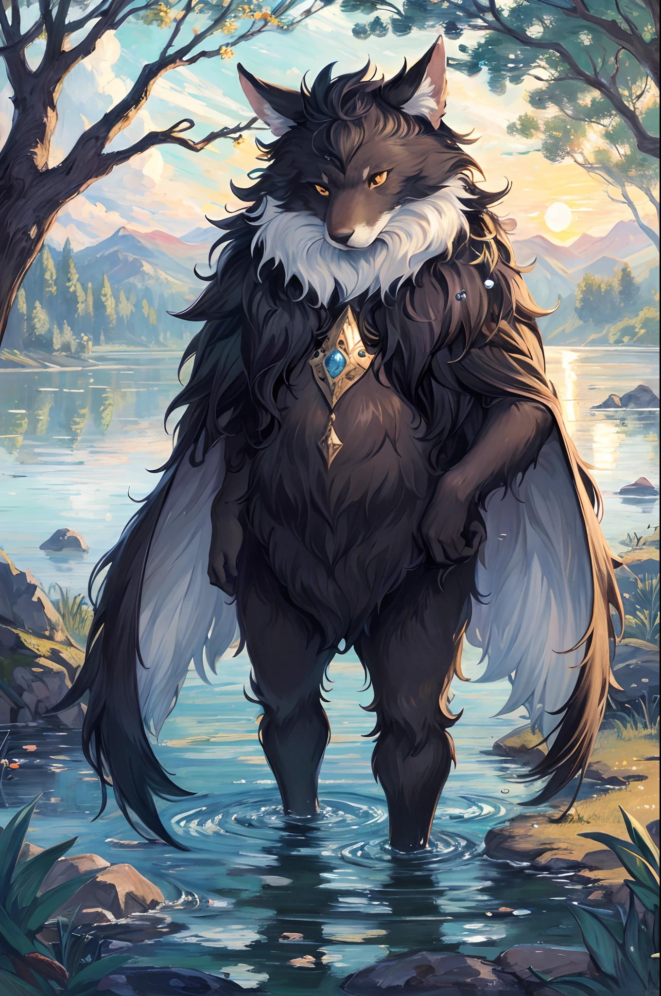 High-quality illustrations by Claude Monet, Impressionism, cover_page, highres, absurdres, detailed background, lake, dawn, detailed forest, clouds, Mysterious and romantic atmosphere, caustics surface(refraction, polarization)perfect anatomy(handsome 1boy, single, kemono, solo focus)volumetric lighting, Wet clothes, Water droplets(furry anthro)(very detailed body fur)full body, soft and delicate color palette, dramatic composition,