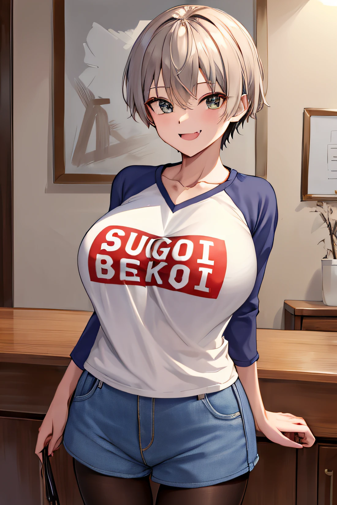 masterpiece, best quality, highres, uh1, shirt, raglan sleeves, romaji text, clothes writing, collarbone, long sleeves, denim shorts, pantyhose, fang, cowboy shot, standing, smile, LOOK A BIG DICK, LOVER