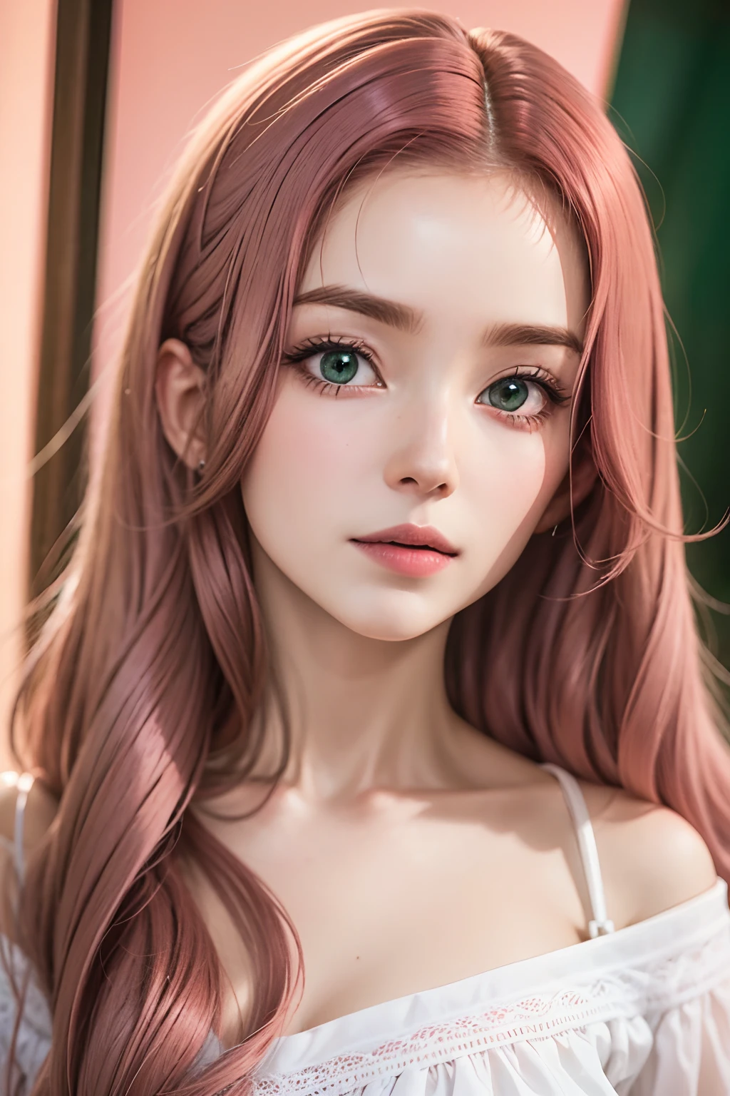 uma garota de cabelo longo e rosa claro, olho verde