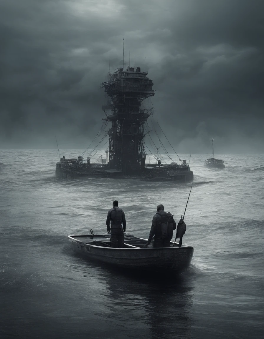 Ugly alien monsters, Body shape huge, standing in ocean, tosen, There is a small fishing boat around, A grand spectacle, Oppressive atmosphere, surrealism, Chiaroscuro, Cinematic lighting, Wide shot, Masterpiece, ccurate, Anatomically correct, Super detail, High details, Best quality