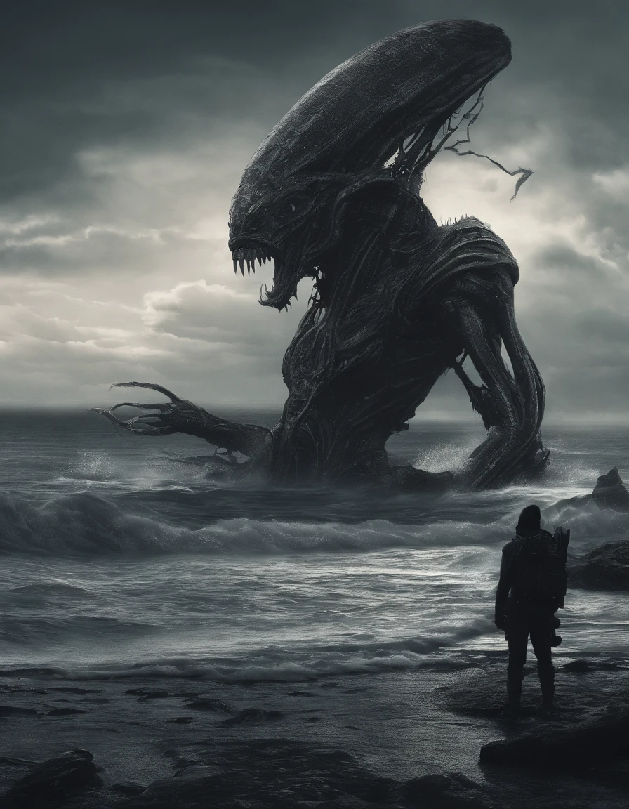 Ugly alien monsters, Body shape huge, standing in ocean, tosen, There is a small fishing boat around, A grand spectacle, Oppressive atmosphere, surrealism, Chiaroscuro, Cinematic lighting, Wide shot, Masterpiece, ccurate, Anatomically correct, Super detail, High details, Best quality