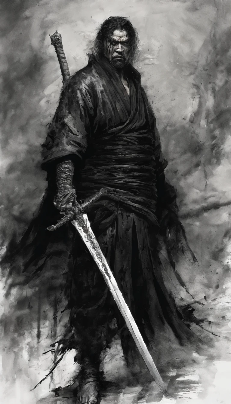 middle aged man, Evil painting style, A high resolution, Black color hair, Half is the body of a demon,Chinese Warrior, sbeard, Expression of anger, Perfect body proportions, kaftan, Black and white robes, Handsome, Full body view, standing on your feet, (White background:1.3), swordsman, He held a long sword that was wide and heavy in his hand, Face the lens, (Blackn clothes:0.8), High detail, Masterpiece, ccurate, Anatomically correct, Textured skin