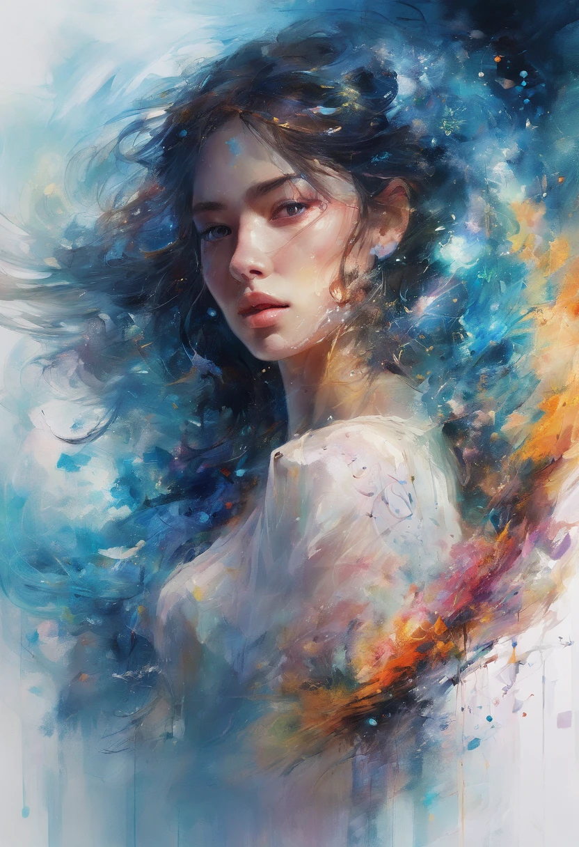 Perfect centralization, Fantastic particles, delight, Standing position, abstract beauty, centre, Looking at the camera, Facing the camera, nearing perfection, Dynamic, highly  detailed, Liso, foco nítido, 8K, A high resolution, illustration, art by Carne Griffiths and Wadim Kashin, A background with distinct strokes, Background with the color of fragments, tons vívídos, Ink nebula background, 17 year old girl with sexy appearance, olhos cor de mel, brunette color hair, Long and beautiful, Fantastic short black skirt, The shape of the athletic physique, extremely detaile,Dissipated particles