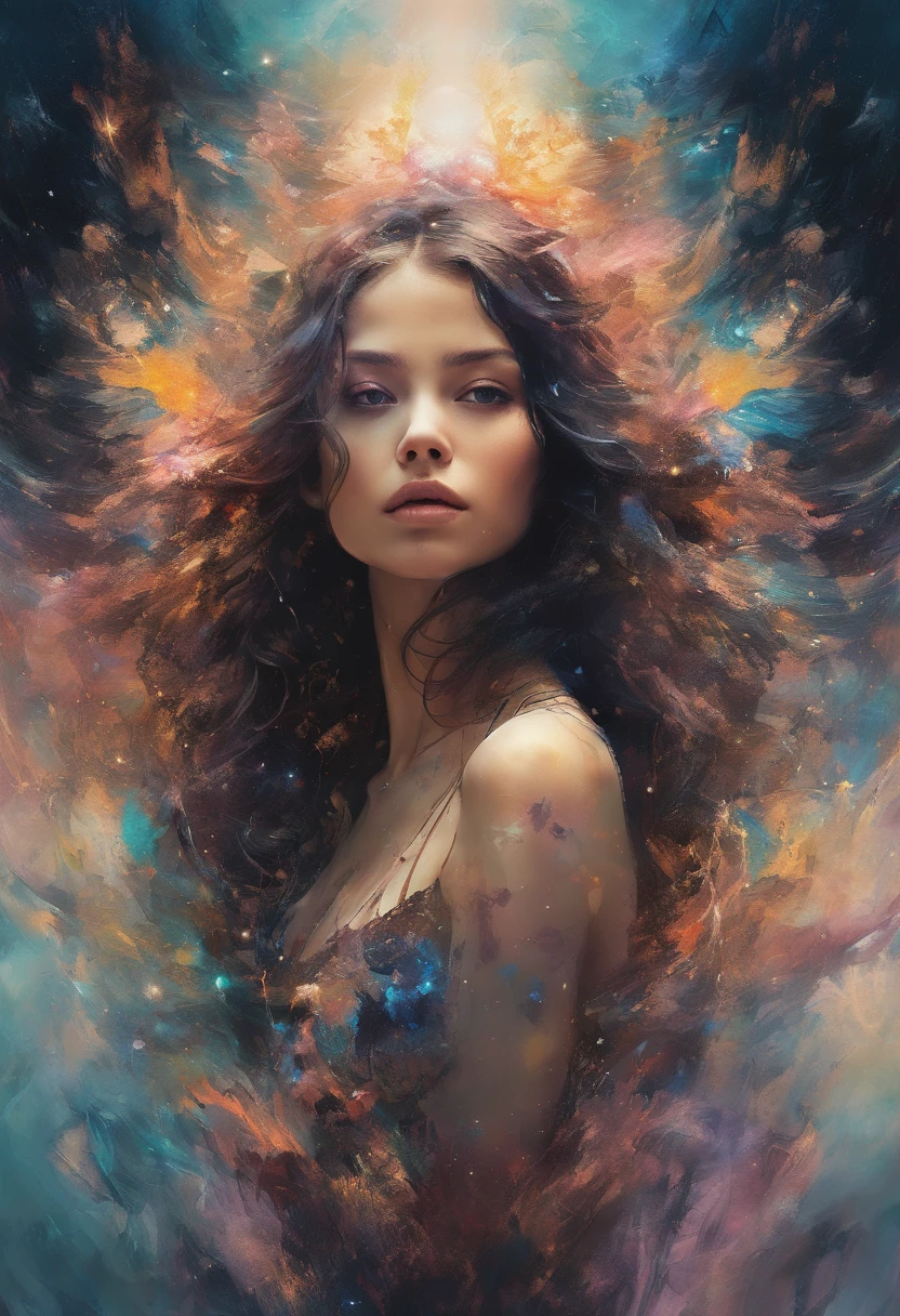 Perfect centralization, Fantastic particles, delight, Standing position, abstract beauty, centre, Looking at the camera, Facing the camera, nearing perfection, Dynamic, highly  detailed, Liso, foco nítido, 8K, A high resolution, illustration, art by Carne Griffiths and Wadim Kashin, A background with distinct strokes, Background with the color of fragments, tons vívídos, Ink nebula background, 17 year old girl with sexy appearance, olhos cor de mel, brunette color hair, Long and beautiful, Fantastic short black skirt, The shape of the athletic physique, extremely detaile,Dissipated particles
