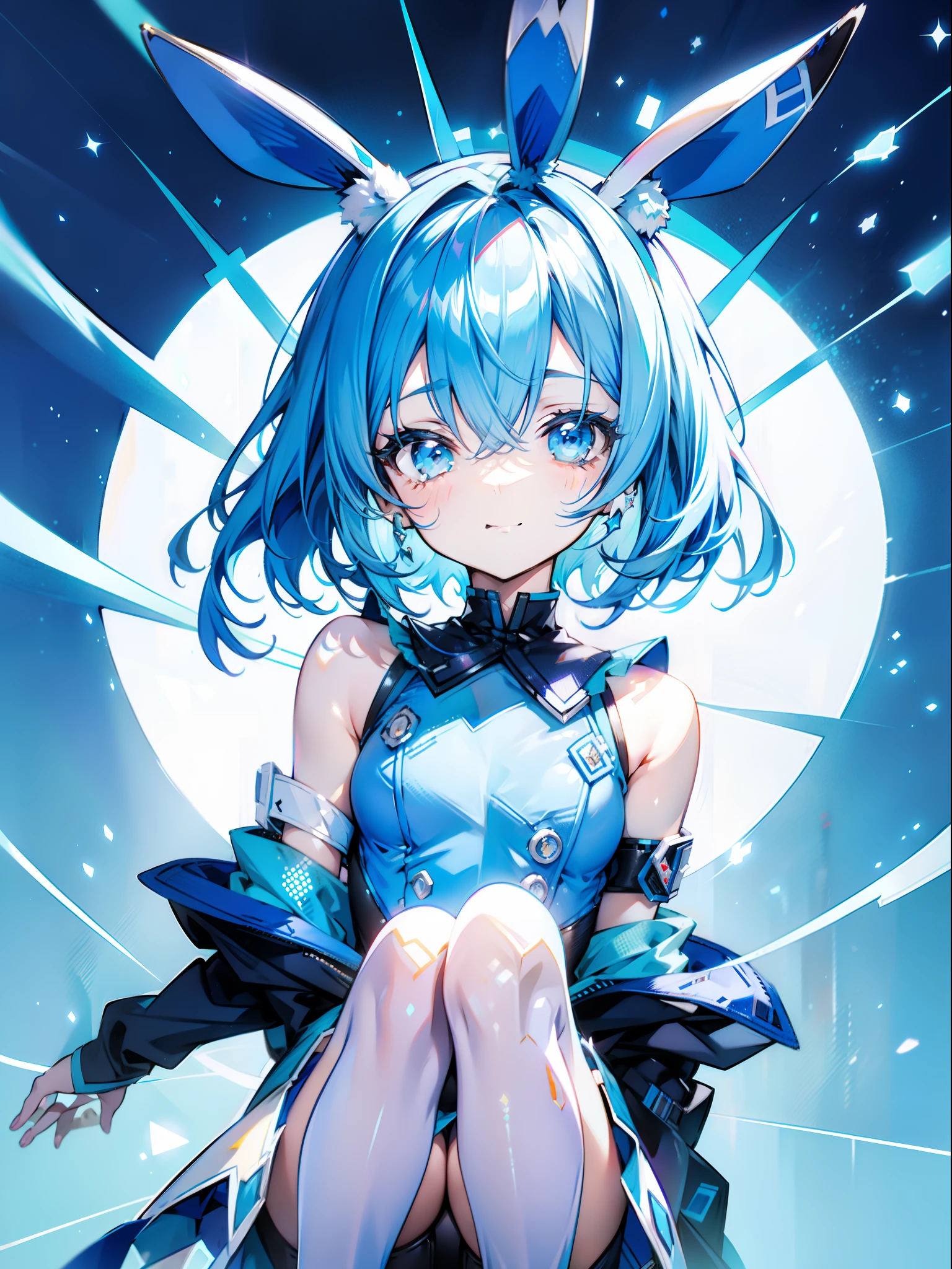 Happy look,Head of powder blue hair,Outer honeycomb shortcut,Rabbit ears,Light Blue Jersey,kawaii,Inner colorDark blue