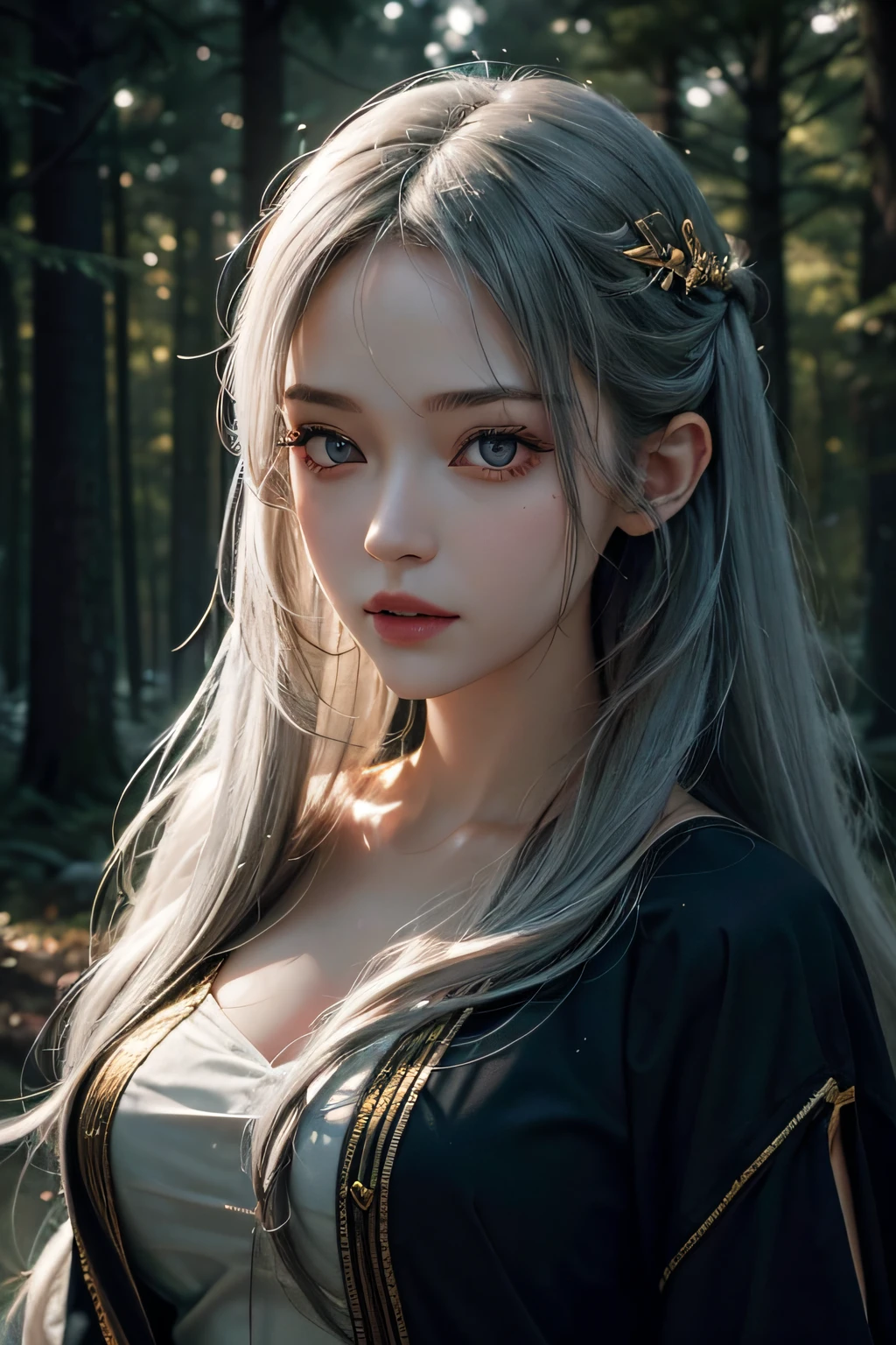 Stunning girl with long gray hair, Fair skin, And red eyes, In the forest with movie lighting, dark and gloomy. She wears a golden white dress, Her eyes focused, Looking at the viewer. Her skin is fair, Her face is delicate and perfect, Super masterpiece, best quality work of art. The images are incredibly detailed 8K CG wallpapers, Cinematic tones with artistic cinematic lighting and neutral filters.