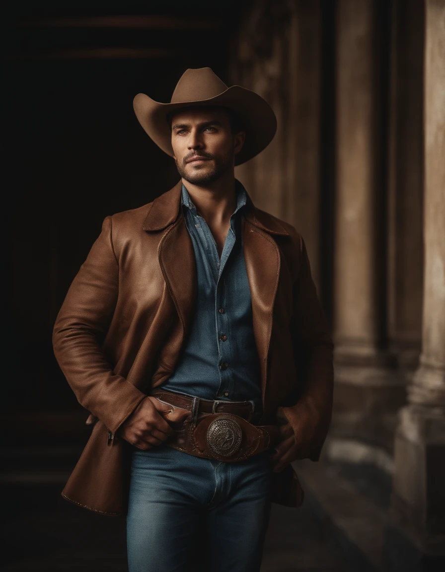 Cinematic portrait, ((Upper body)), Facing the audience, (reality :1.3), most beautiful artwork photo in the world, A man looks at the camera, Vintage denim outfits, Western cowboy, Detailed beautiful face, action  shot, (Intricate :1.4), Western background, photograph realistic, In the daytime, CG, art stand
