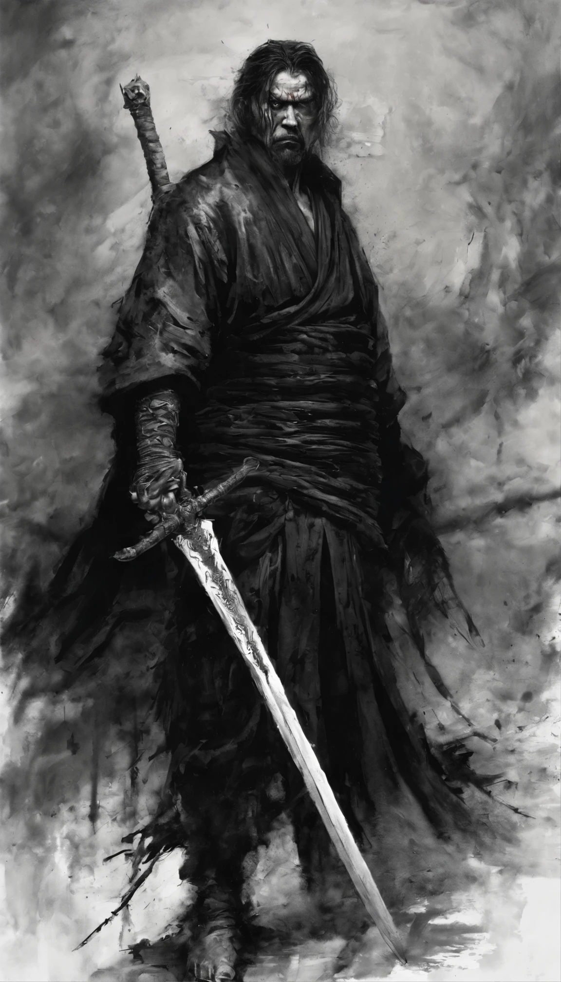 middle aged man, Evil painting style, A high resolution, Black color hair, Half is the body of a demon,Chinese Warrior, sbeard, Expression of anger, Perfect body proportions, kaftan, Black and white robes, Handsome, Full body view, standing on your feet, (White background:1.3), swordsman, He held a long sword that was wide and heavy in his hand, Face the lens, (Blackn clothes:0.8), High detail, Masterpiece, ccurate, Anatomically correct, Textured skin