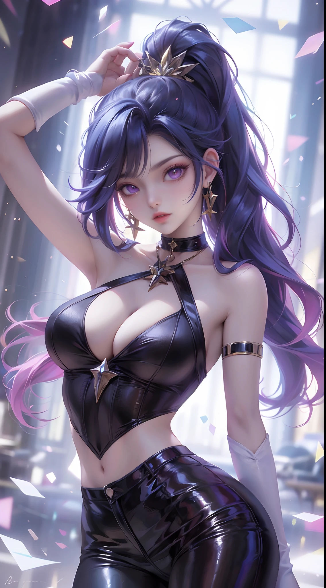 「En una impresionante obra maestra en forma de retrato、Showcasing the highest quality art。El tema de esta obra de arte es、Es una chica capturada con asombroso detalle。」Pixiv Anime Realismo Tendencias、Shibitai Perfect Body Perfect Face、Manos no visibles、disparo de cintura para arriba、pecho gigantesco、Minamoto de la Gran Orden del Destino、Signature fitted purple suit、More detailed 8K.motor irreal:1.4,UHD,La mejor calidad:1.4, fotorrealista:1.4, textura de la piel:1.4, obra maestra:1.8,obra-prima, mejor calidad,objeto Objeto], (detailed face features:1.4),(ojos:1.4)