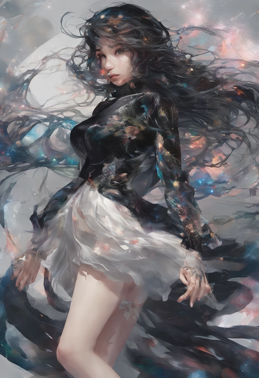 Perfect centralization, Fantastic particles, delight, Standing position, Abstract beauty, centre, Looking at the camera, Facing the camera, nearing perfection, Dynamic, highly detailed, Liso, foco nítido, 8K, A high resolution, illustration, Art by Carne Griffiths and Wadim Kashin, A background with distinct strokes, Background with fragment color, tons vívídos, Ink nebula background, Sexy 17 year old girl with a sexy appearance, olhos cor de mel, brunette color hair, Long and beautiful, Fantastic short black skirt, The shape of the athletic physique, extremely detaile,Dissipate particles,starlights,Sea of hearts