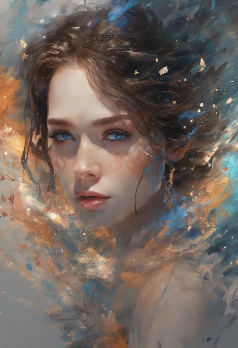 Perfect centralization, Fantastic particles, delight, Standing position, Abstract beauty, centre, Looking at the camera, Facing the camera, nearing perfection, Dynamic, highly detailed, Liso, foco nítido, 8K, A high resolution, illustration, Art by Carne Griffiths and Wadim Kashin, A background with distinct strokes, Background with fragment color, tons vívídos, Ink nebula background, Sexy girl with a sexy appearance, olhos cor de mel, brunette color hair, Long and beautiful, Fantastic short black skirt, The shape of the athletic physique, extremely detaile,Dissipate particles,starlights,Sea of hearts