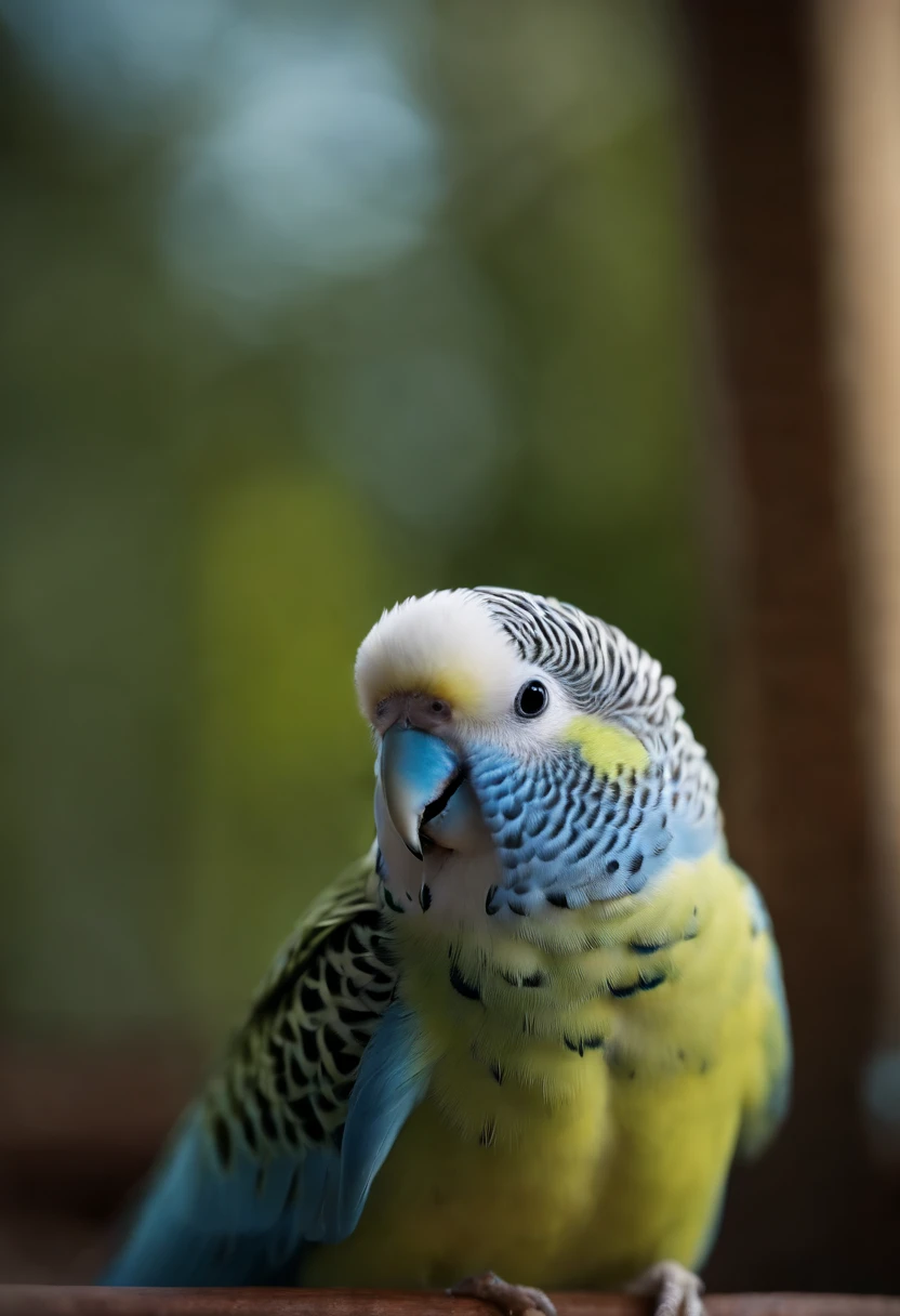 Best Quality,4K,8K,hight resolution,masutepiece:1.2),Ultra-detailed, in a house、Blue-feathered budgie plays with girl's fingertips、Budgerigars are singing、With beautiful songs、Round and cute black eyes,Beautiful detailed eyes,Sparkling eyes,Highlighted eyes,Soft blue eyes,Portraits,Subtle tones,Soft lighting