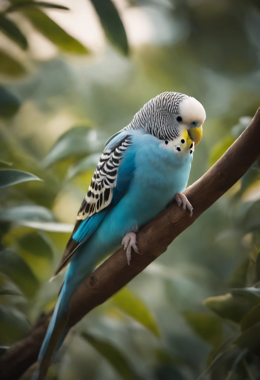 Best Quality,4K,8K,hight resolution,masutepiece:1.2),Ultra-detailed, in a house、Blue-feathered budgie plays with girl's fingertips、Budgerigars are singing、With beautiful songs、Round and cute black eyes,Beautiful detailed eyes,Sparkling eyes,Highlighted eyes,Soft blue eyes,Portraits,Subtle tones,Soft lighting
