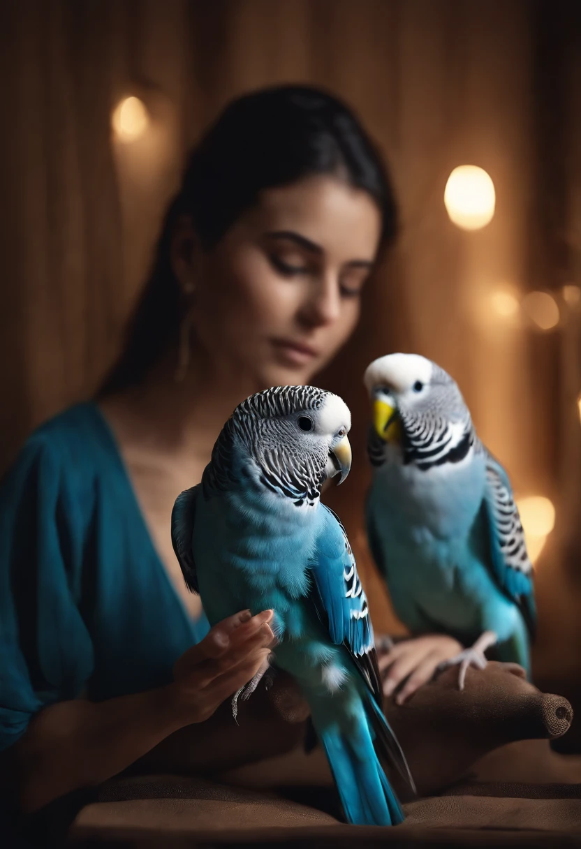 Best Quality,4K,8K,hight resolution,masutepiece:1.2),Ultra-detailed, in a house、Blue-feathered budgie plays with girl's fingertips、Budgerigars are singing、With beautiful songs、Round and cute black eyes,Beautiful detailed eyes,Sparkling eyes,Highlighted eyes,Soft blue eyes,Portraits,Subtle tones,Soft lighting