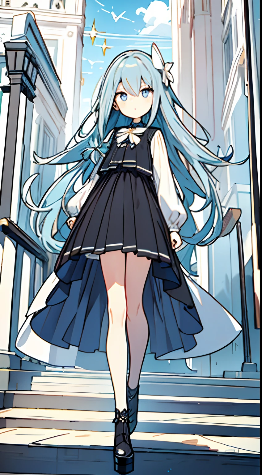 masuter piece, Best Quality,32K、Wallpaper, ultra -detail, Absurd beauty, 1Beautifulwoman、Big eyes with sparkly、Hair fluttering in the wind、:O、slender long legs、Smaller head、miscievous smile、Angle looking up from below:1.3、Angle from which you can see the whole body
