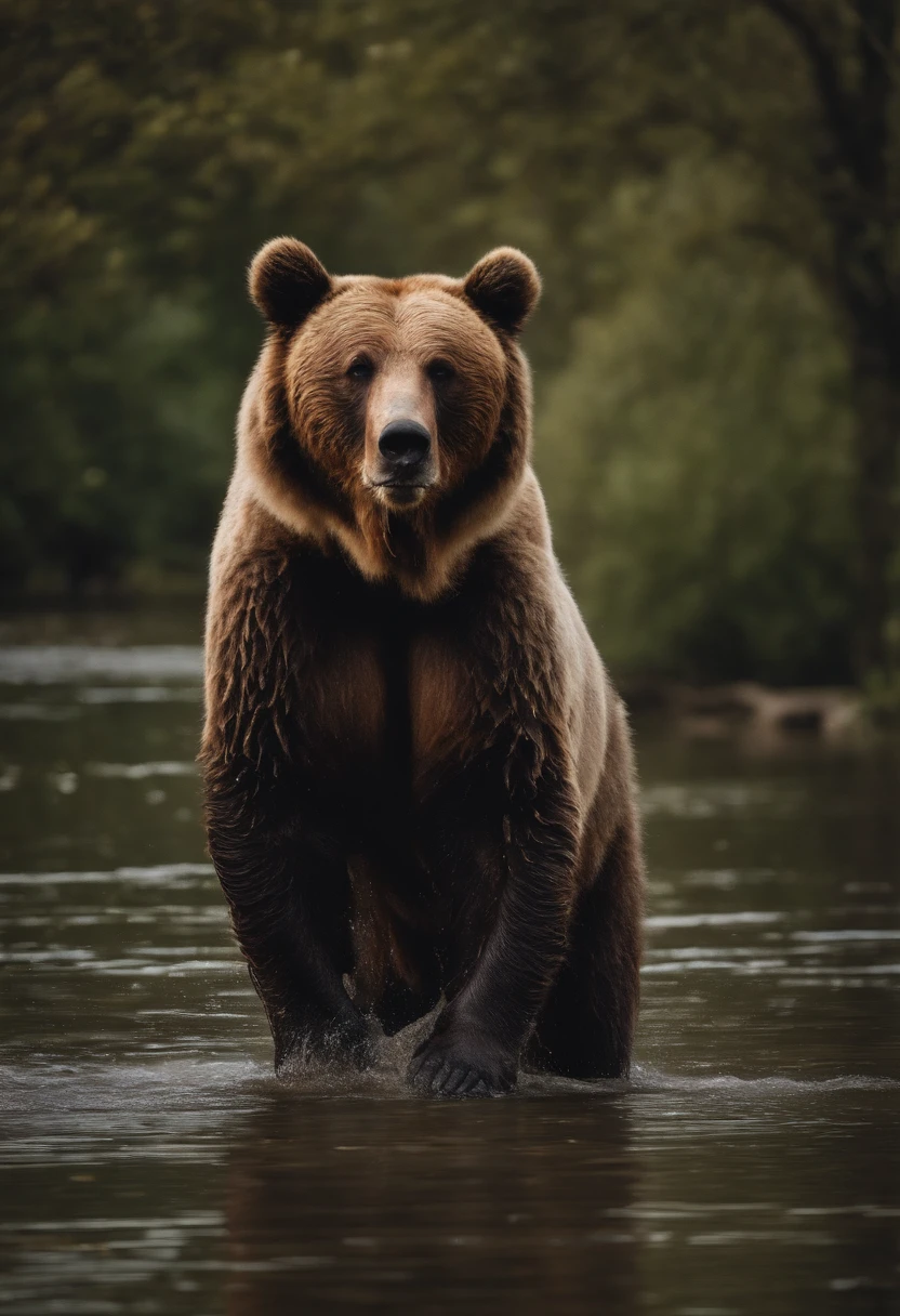 A rainy day, evil light, grizzly bear, riverbank, glowing red eyes, malicious gleam, best quality, masterpiece
