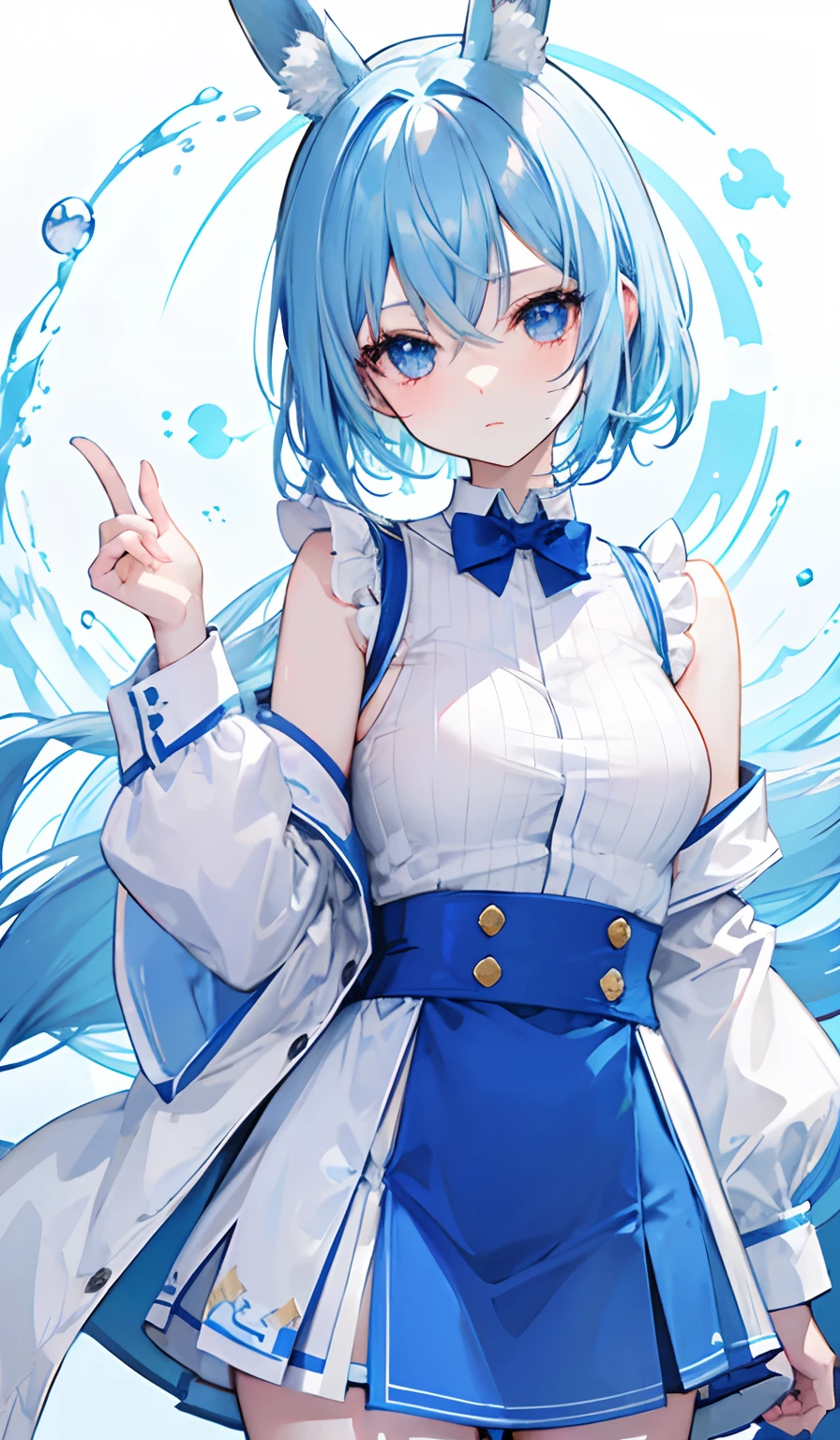Pastel Blue Hair,Inner colorDark blue,The color of the eyes is Aoi,Outer Honeycomb Hair,Wearing a light blue and white jersey,Rabbit ears,She's a pretty girl