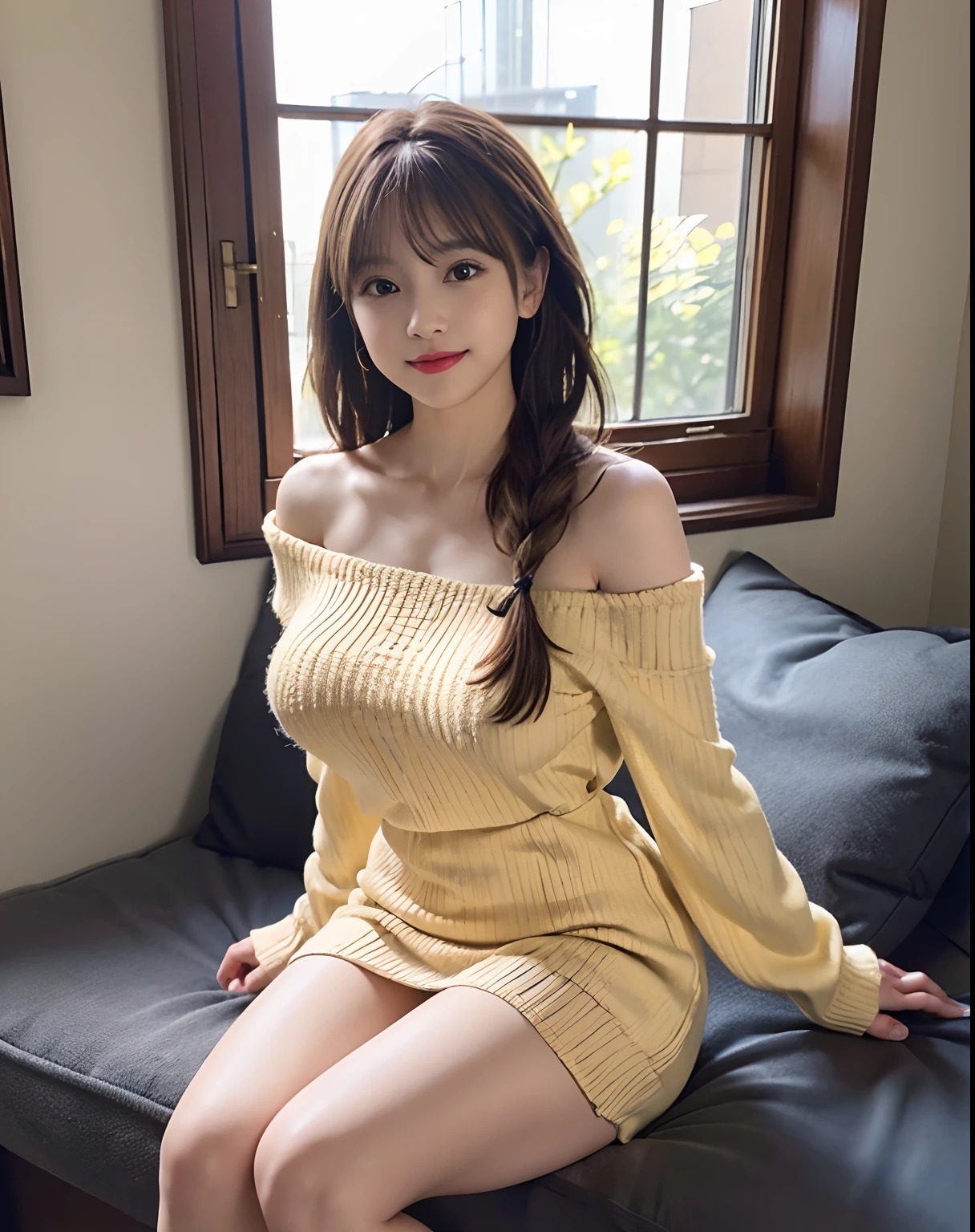 More skin, toView, Brown-eyed, (Light Brown Fringe Hair:1.2),Braided hair、The long-haired、(Photorealsitic:1.4), Shadow、(Top image quality:1.0), (超A high resolution:1.0), 8K, Raw photography, (masterpiece:0.2), (pureerosface), Room, Pure Yellow Solid Off Shoulder Knit Dress、No shoulder straps、(Emphasize the valley:1.2)、爆乳, Coordinated breasts, ssmile, Bright lighting, from the thighs up、sexy pose