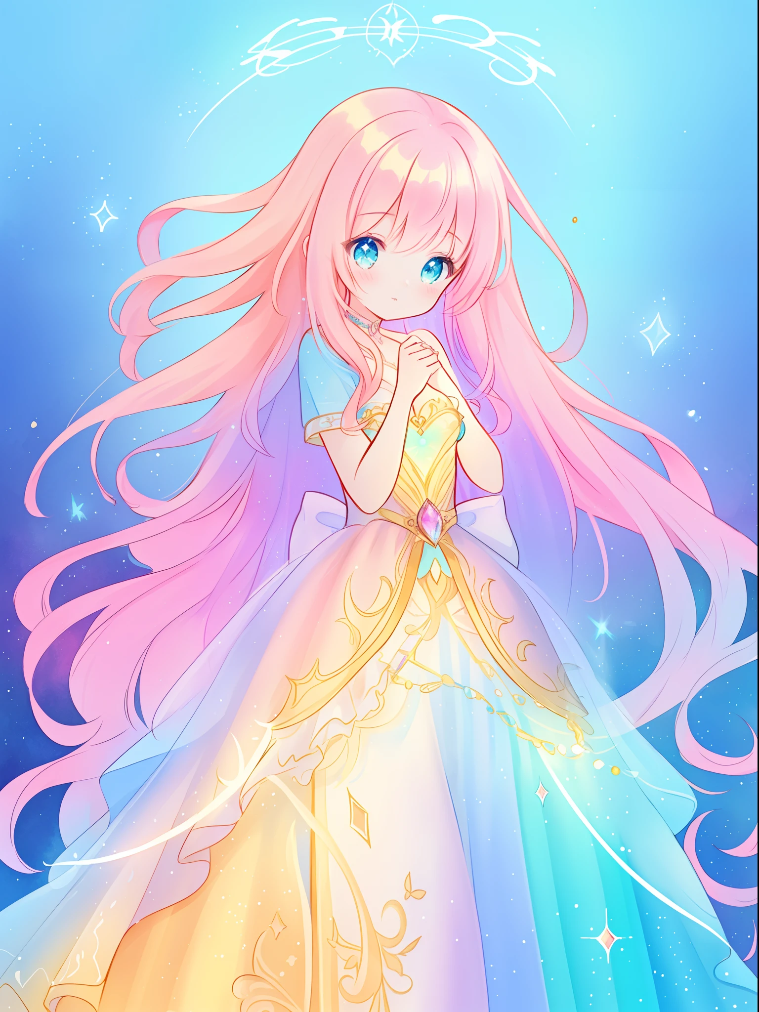 beautiful girl in a tiered layered princess ballgown, vibrant pastel colors, (colorful), long flowing colorful hair, magical lights, sparkling magical liquid, inspired by Glen Keane, inspired by Lois van Baarle, disney art style, by Lois van Baarle, glowing aura around her, by Glen Keane, jen bartel, glowing lights! digital painting, flowing glowing hair, glowing flowing hair, beautiful digital illustration, fantasia background, whimsical, magical, fantasy, ((masterpiece, best quality)), intricate details, highly detailed, sharp focus, 8k resolution, sparkling detailed eyes, liquid watercolor