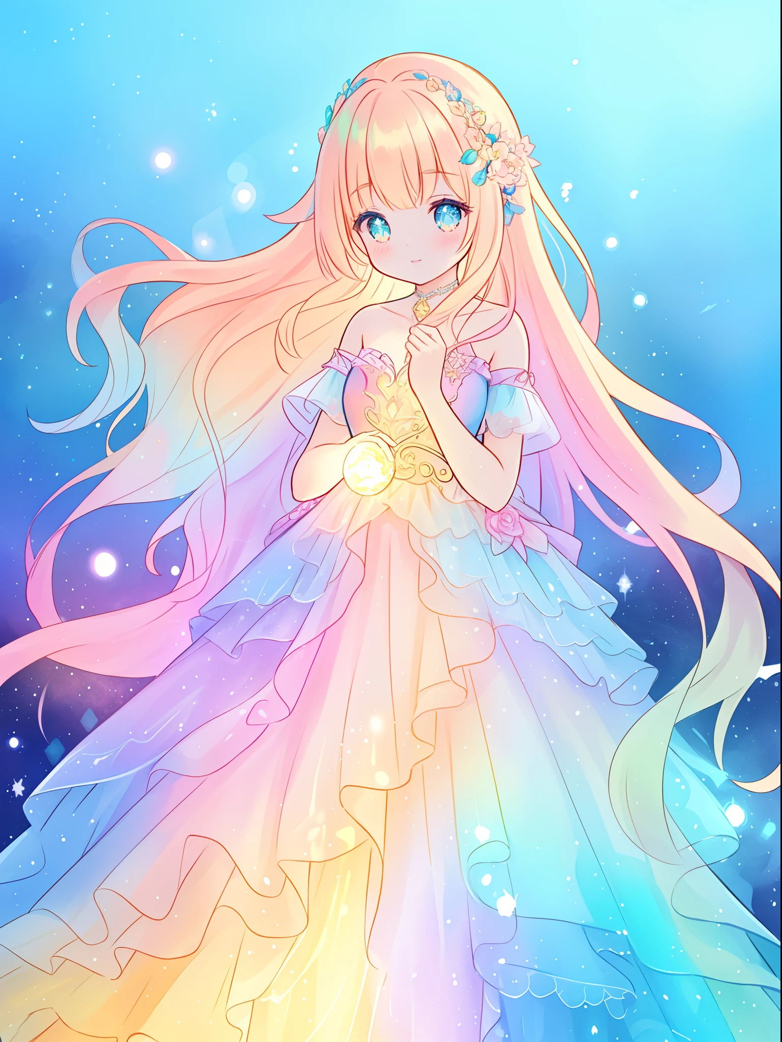 beautiful girl in a tiered layered princess ballgown, vibrant pastel colors, (colorful), long flowing colorful hair, magical lights, sparkling magical liquid, inspired by Glen Keane, inspired by Lois van Baarle, disney art style, by Lois van Baarle, glowing aura around her, by Glen Keane, jen bartel, glowing lights! digital painting, flowing glowing hair, glowing flowing hair, beautiful digital illustration, fantasia background, whimsical, magical, fantasy, ((masterpiece, best quality)), intricate details, highly detailed, sharp focus, 8k resolution, sparkling detailed eyes, liquid watercolor