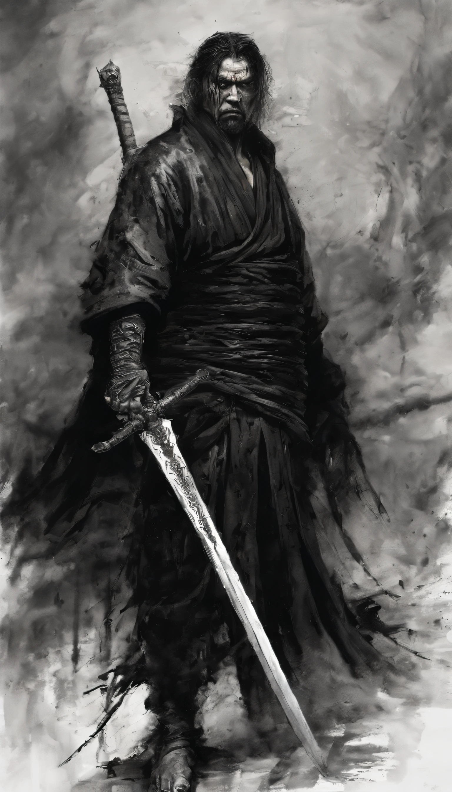 middle aged man, Evil painting style, A high resolution, Black color hair, Half is the body of a demon,Chinese Warrior, sbeard, Expression of anger, Perfect body proportions, kaftan, Black and white robes, Handsome, Full body view, standing on your feet, (White background:1.3), swordsman, He held a long sword that was wide and heavy in his hand, Face the lens, (Blackn clothes:0.8), High detail, Masterpiece, ccurate, Anatomically correct, Textured skin
