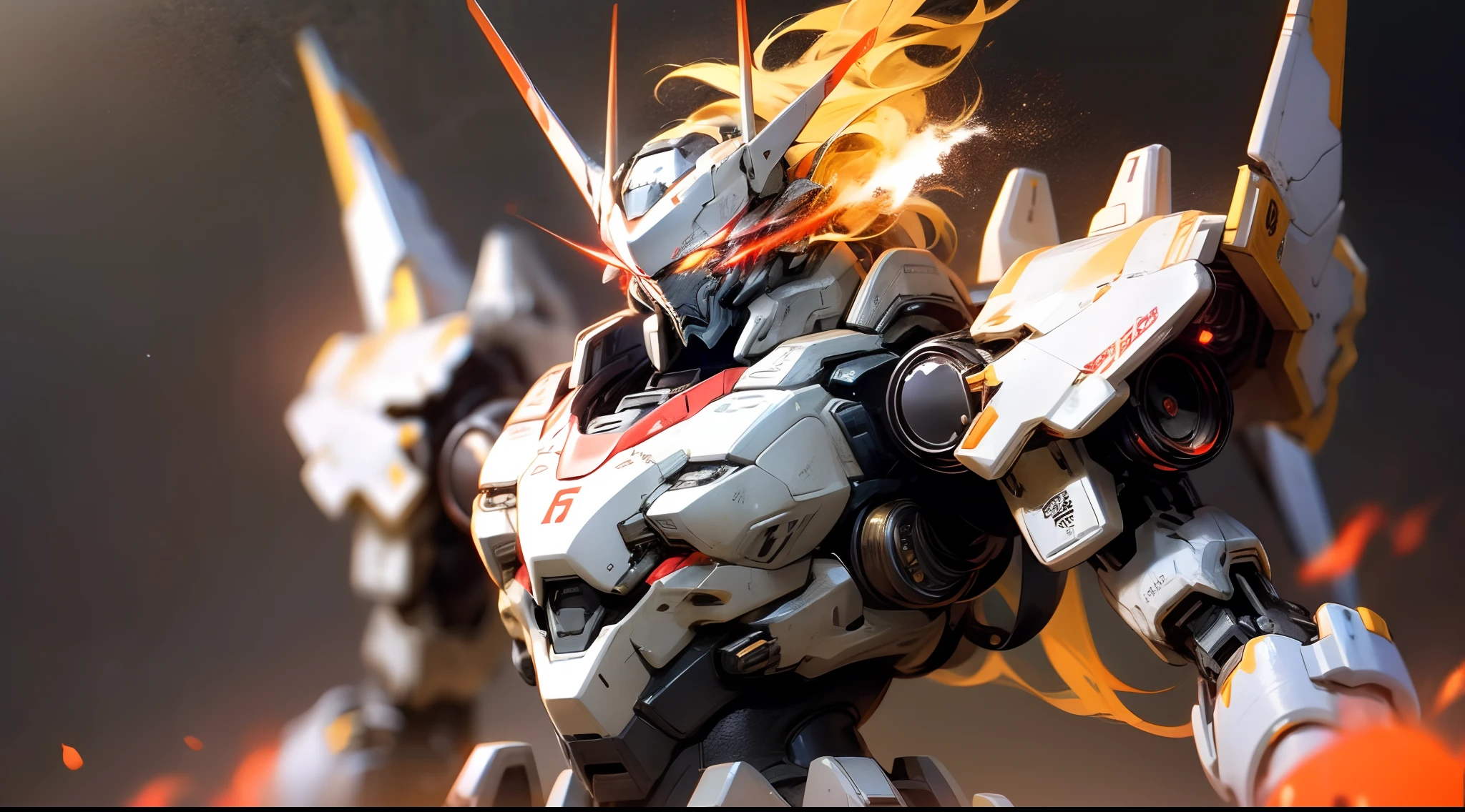 A beautiful game CG based on Doomsday Theme A，This is a light black and light white mech，Its hand holds a broad epee，It emits a fiery red glow：1.2，The mecha's eyes glowed a dazzling red：0.8，Realistic effects，lightand shade contrast，dark fog，Flow effects，The mecha lines are delicate and delicate，The mech's face is delicate and clear，The picture is dark，The light source is emitted on the eye，facial closeups，Surrounded by flames