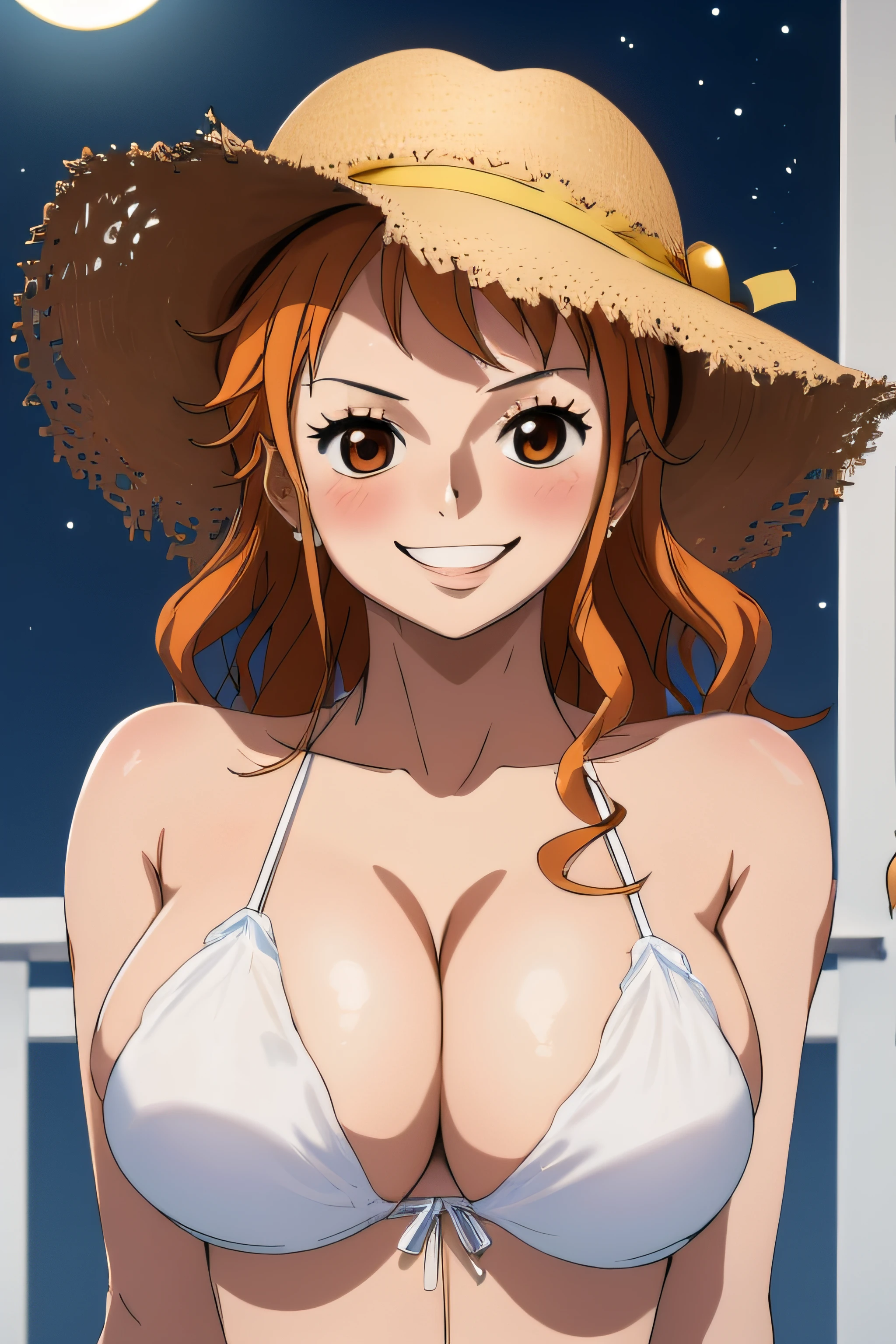 nami, Night, cleavage, Deep brown eyes, White lingerie, Stars, Moon, Outside setting, Japanese style home, Big breasts, View from below, Blonde hair, Beautiful smile, Smiling at viewer, blushing cheeks, Wearing a straw hat,